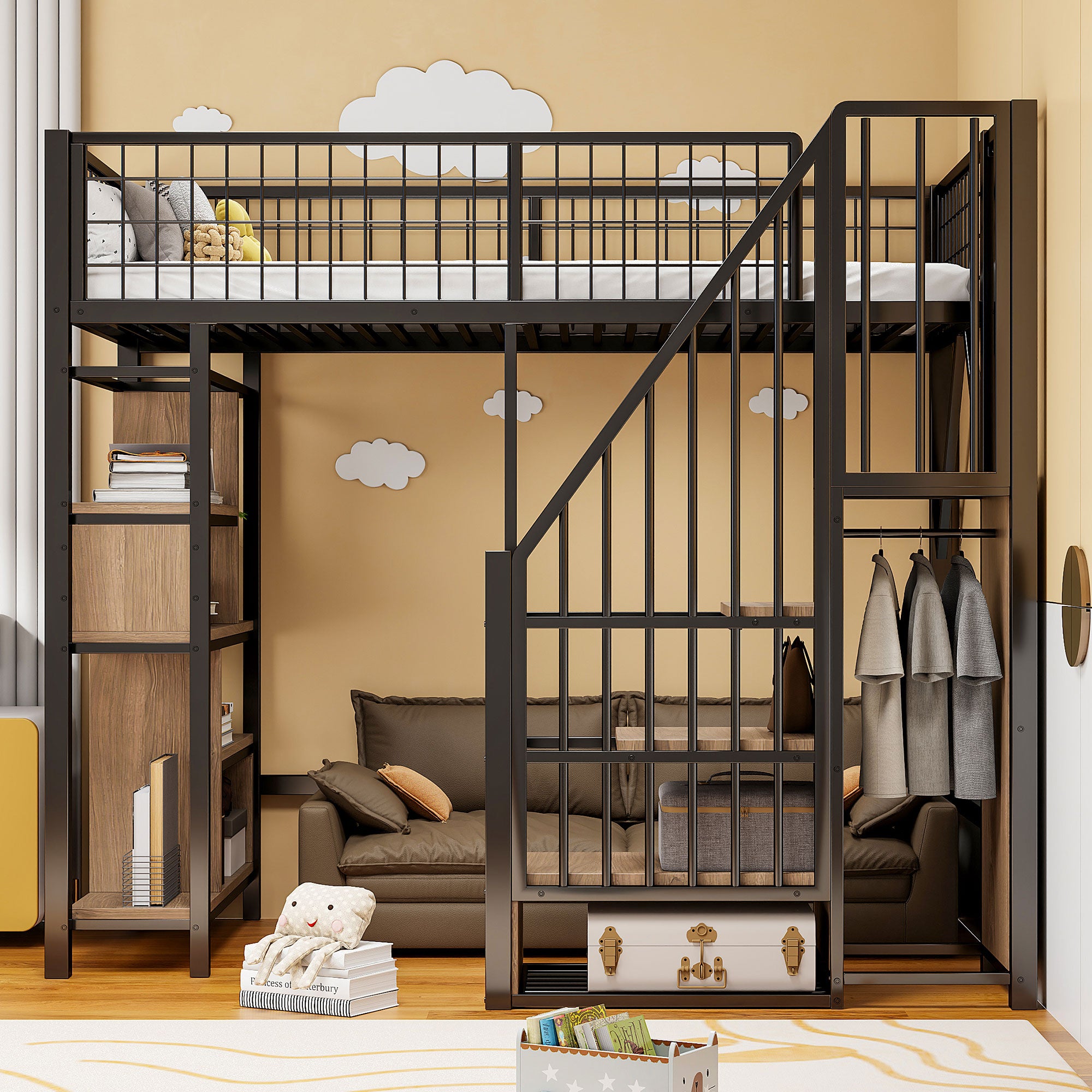 Loft Bed, 90 x 200 cm, Storage, Shelves & Stairs, Metal Black