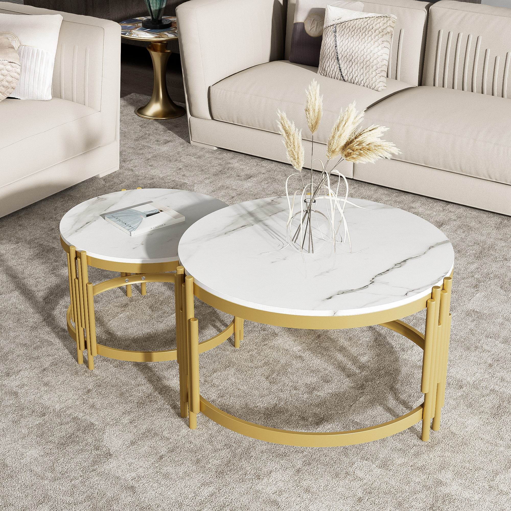 Modular Coffee Table Set, Round Golden Metal Frame, Marble Look