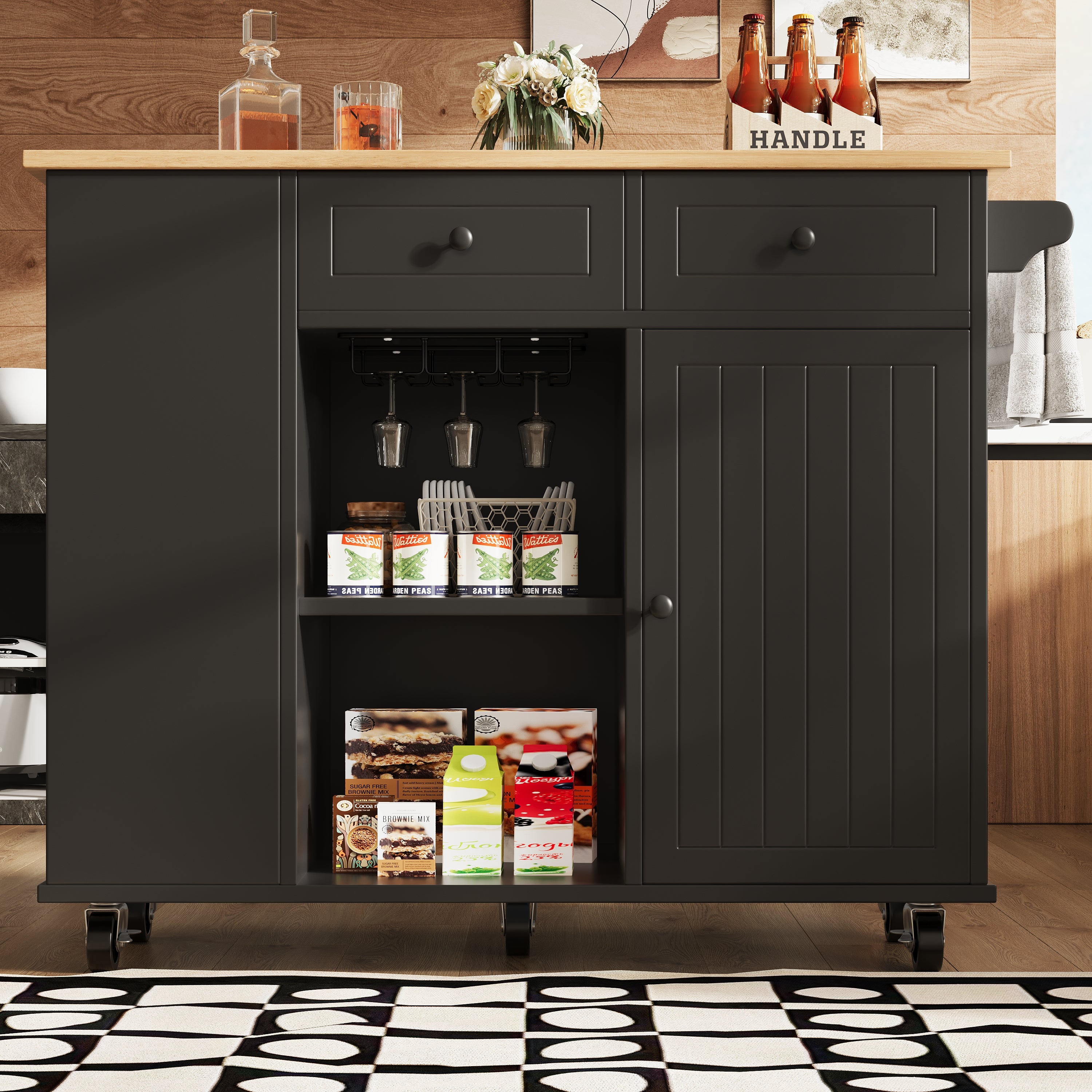 Kitchen Island Mobile Removable Partitions Wine Rack - Black Wood Grain