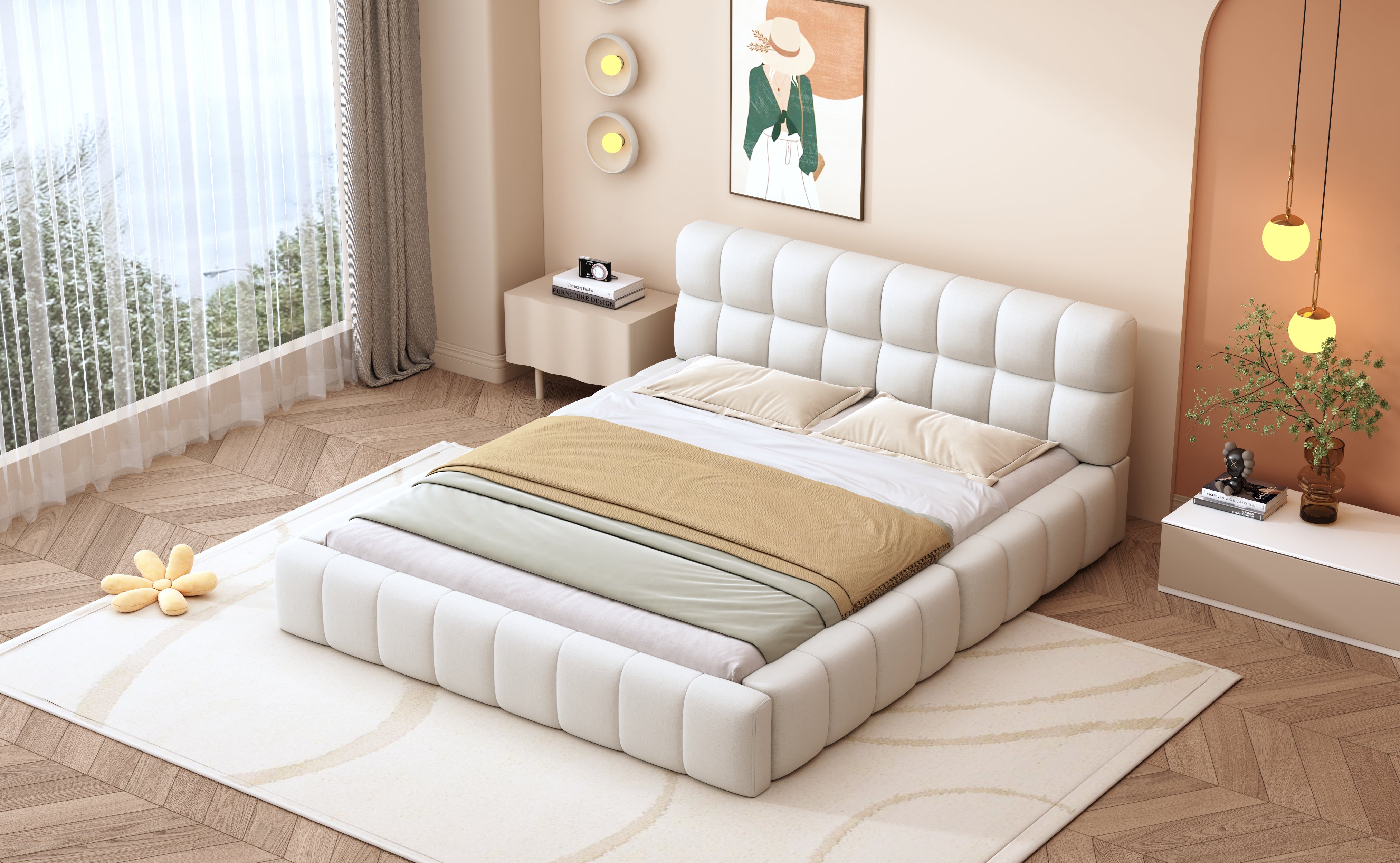 Upholstered Bed, 140x200cm Double with Soft Backrest, Linen Beige
