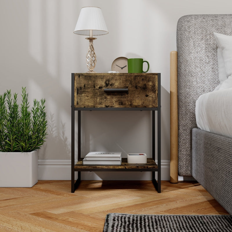 Modern Bedside Table with Drawer and Shelf Rustic Brown