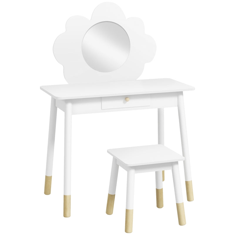 Kids Dressing Table with Mirror Stool Drawer Cloud Design, White MDF