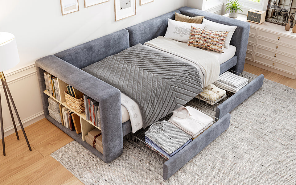 Upholstered Bed, 3FT Single 90x190cm Daybed with Storage, Velvet Grey