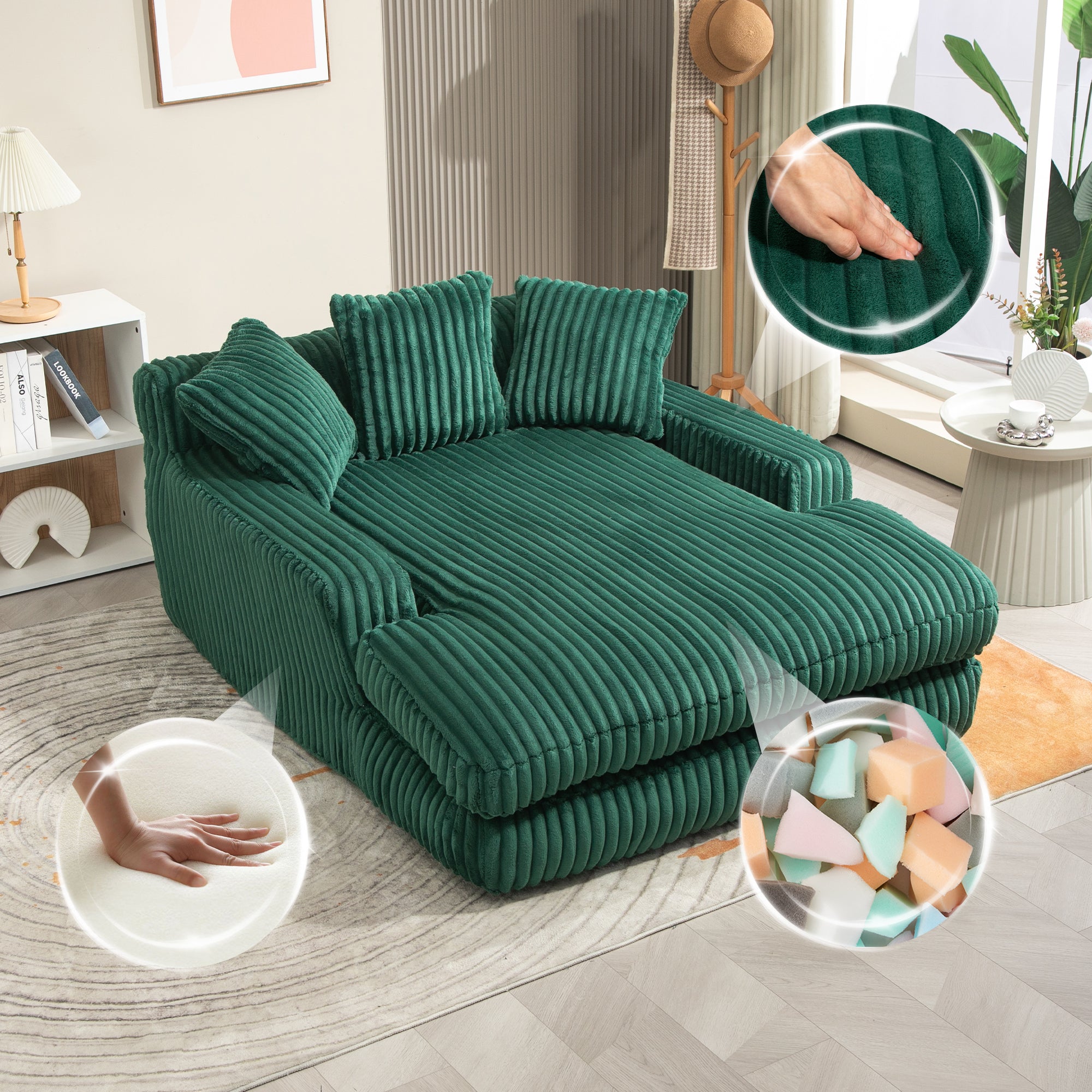 Sofa Bed, Cloud Couch with 3 Soft Pillows, Single Seat, Corduroy Emerald