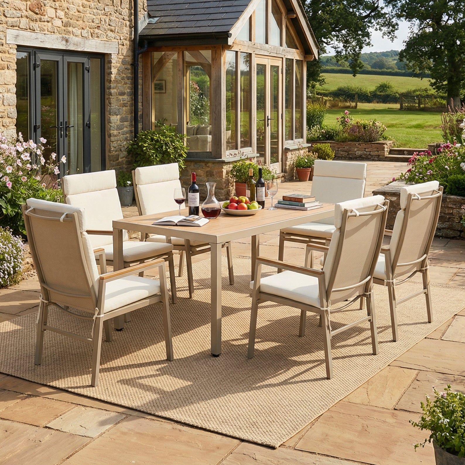 Garden Dining Set, 7-Piece Furniture Set for 6 People with 1 Table and 6 Chairs, Galvanized Iron and Plastic Wood, Khaki and Beige