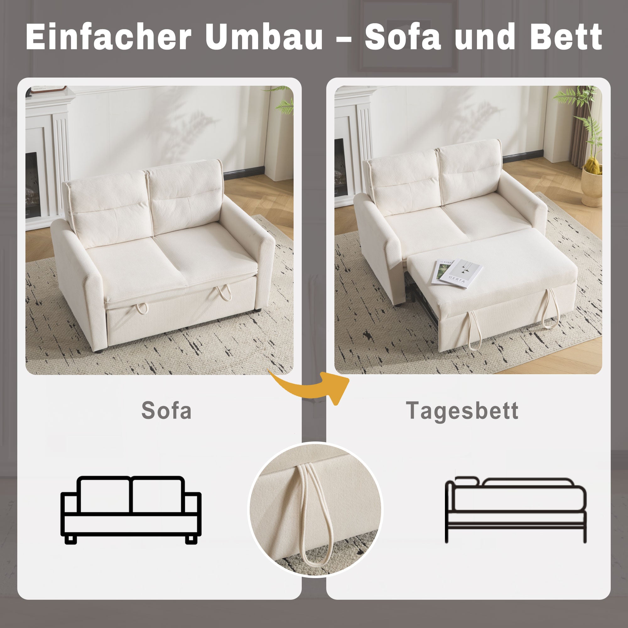 Sofa Bed, Modern 2-Seater Foldable with Pull-Out & Adjustable Backrest