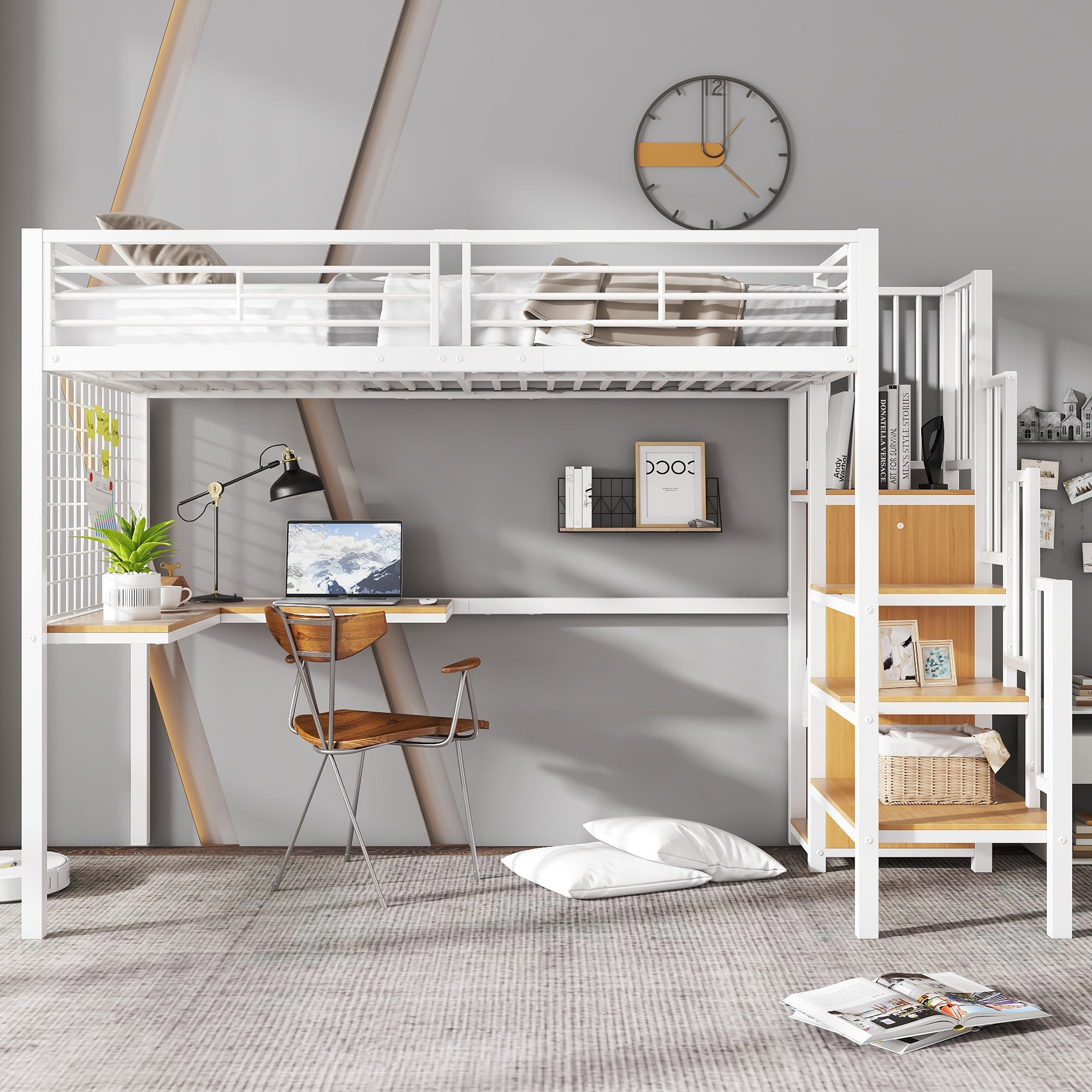Iron Bed, Bunk/Loft with Table & Wardrobe, White + Natural