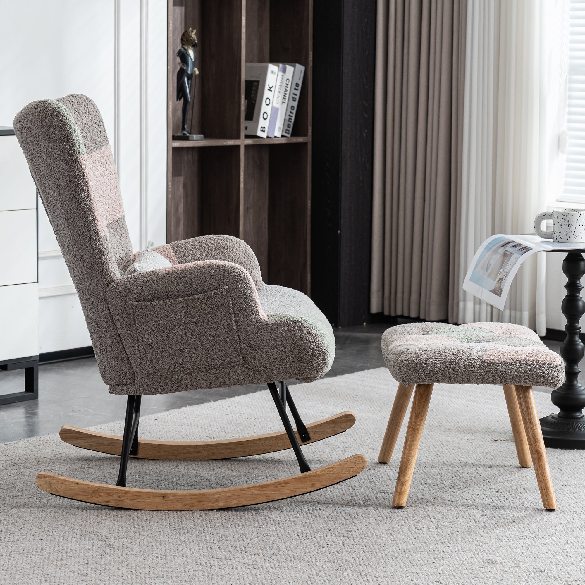 Rocking Chair with Footrest & Lumbar Cushion, Sturdy Rubberwood, Multicolored