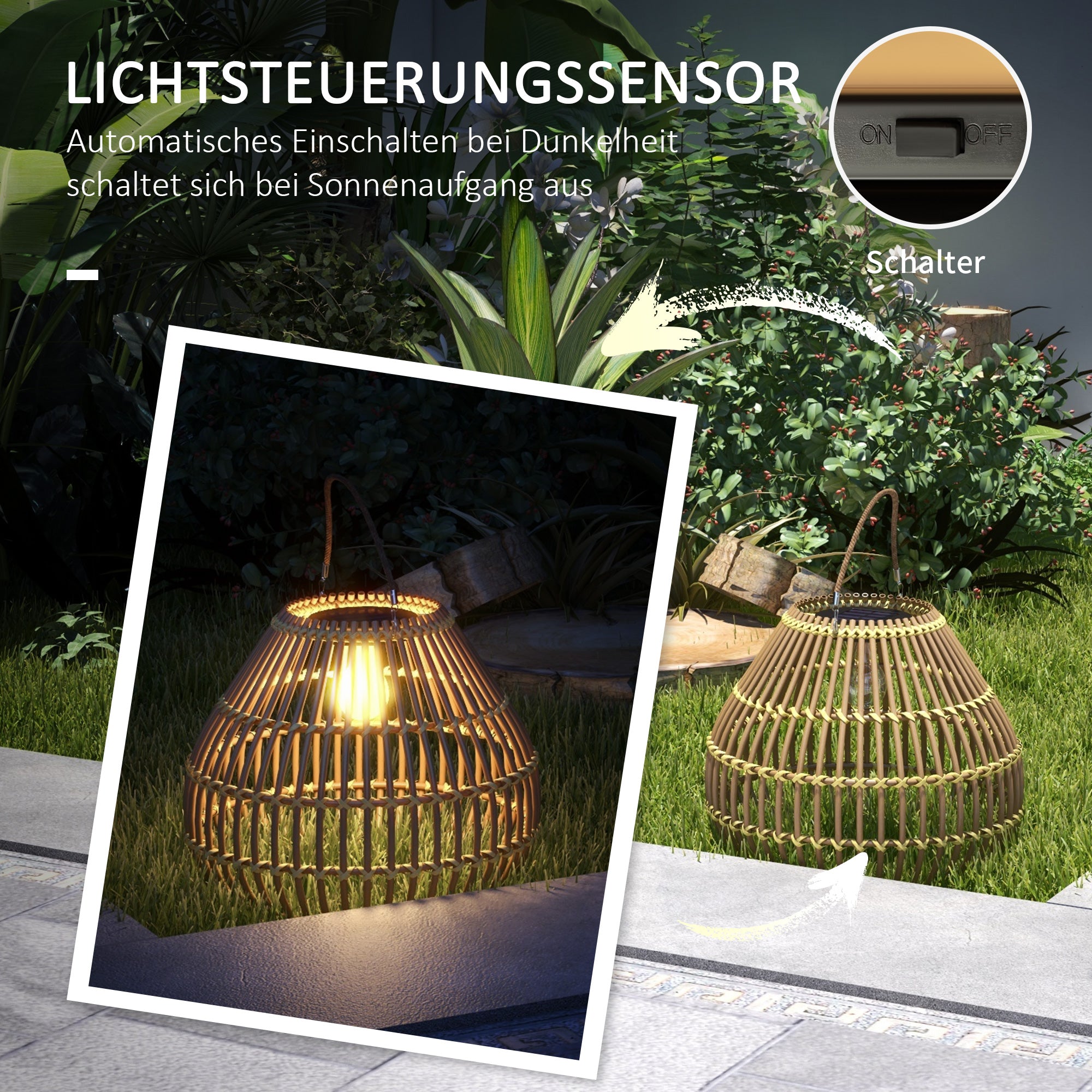 Solar Lamp Garden Light Waterproof with Light Sensor Rattan Yellow