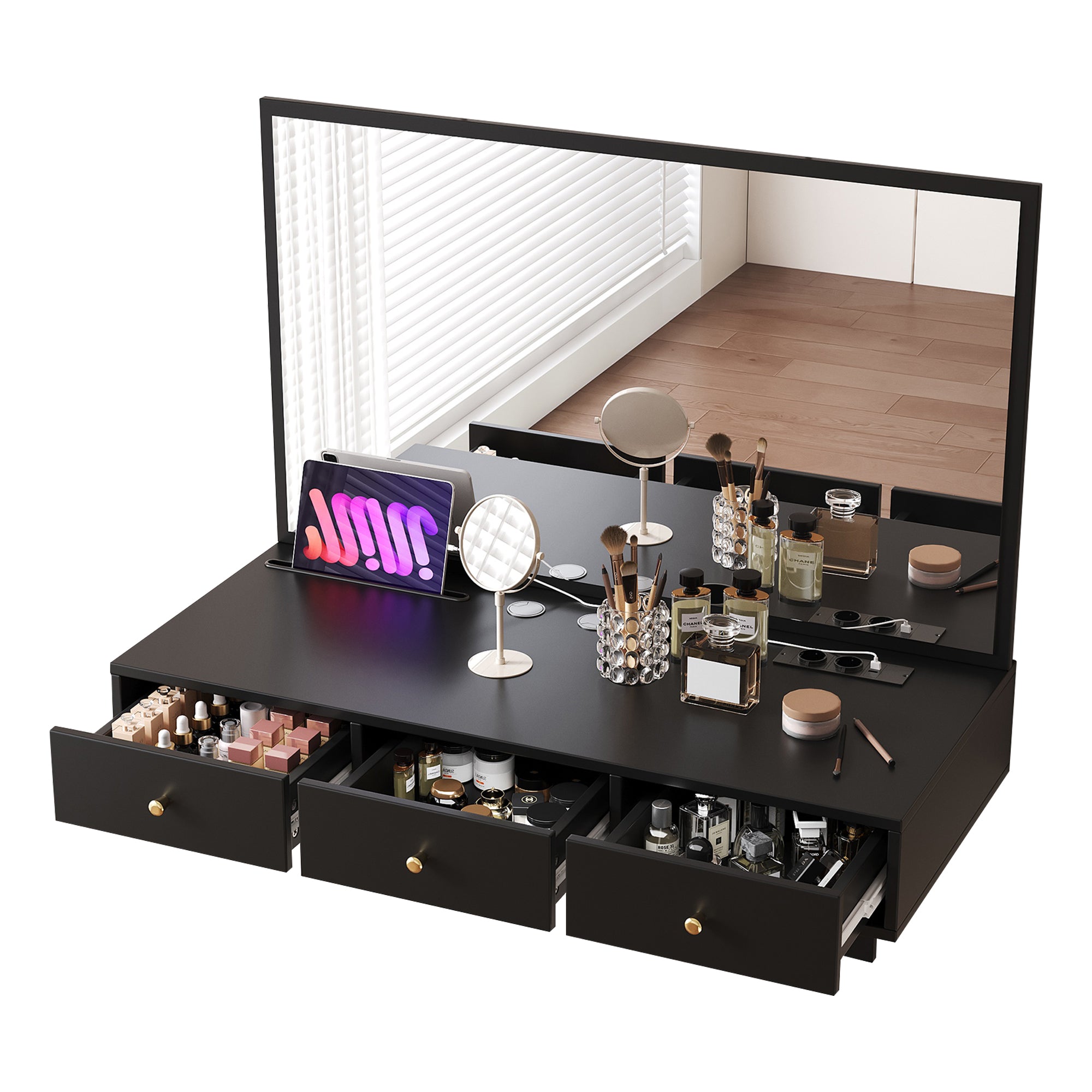 Wall-Mounted Vanity Table with Mirror, 3 Drawers, Power Outlets, Tablet/Card Slot, Drink Holder, Black