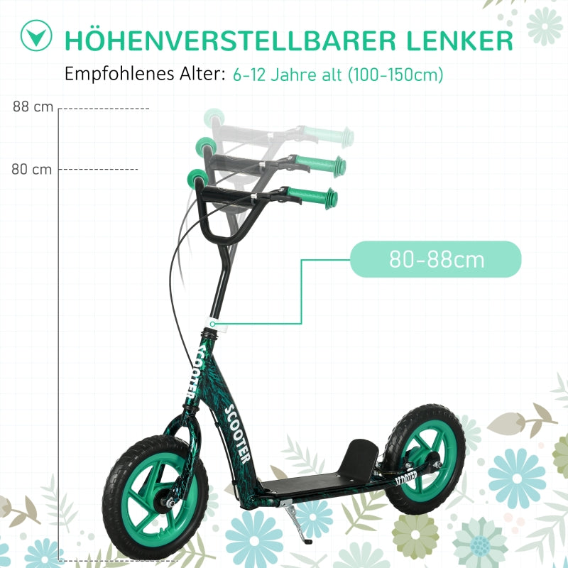 Children's Kick Scooter with Height-Adjustable Handlebar, Brake and Stand, Green Steel