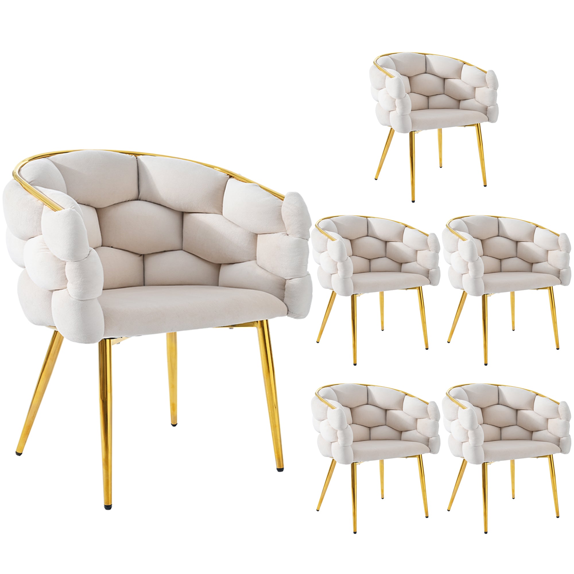 Velvet Chairs (Set of 6) with Gold-Plated Iron Legs, Beige