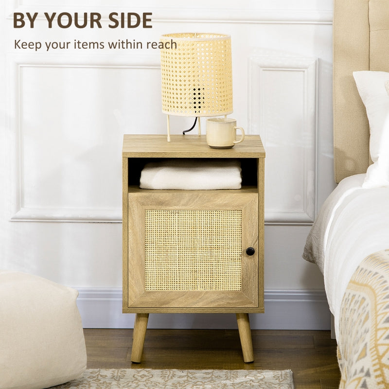 Bedside Table with Shelf and Cupboard, Rattan Element, Natural