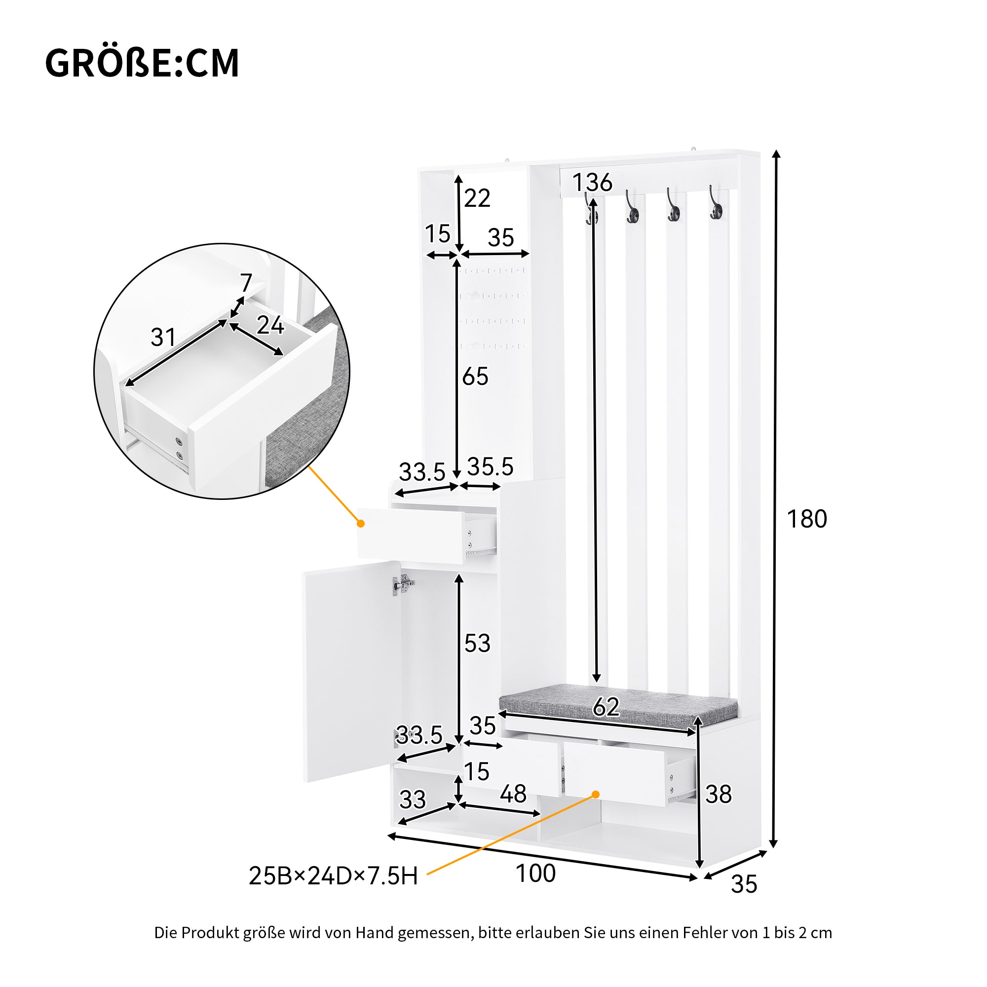 Hallway coat rack with padded storage bench and pegboard, with 4 hooks, white