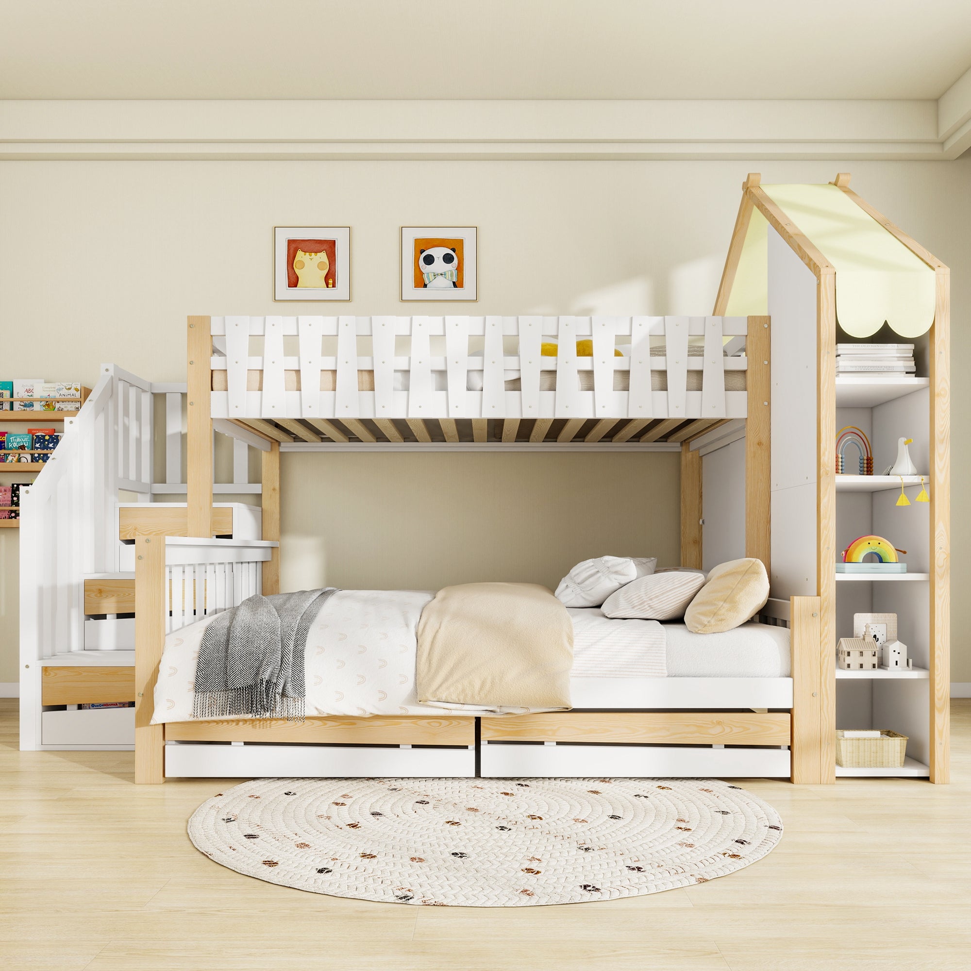 Bunk Bed, 90x200cm + 140x200cm, Storage Ladder, 2 Drawers, White + Natural