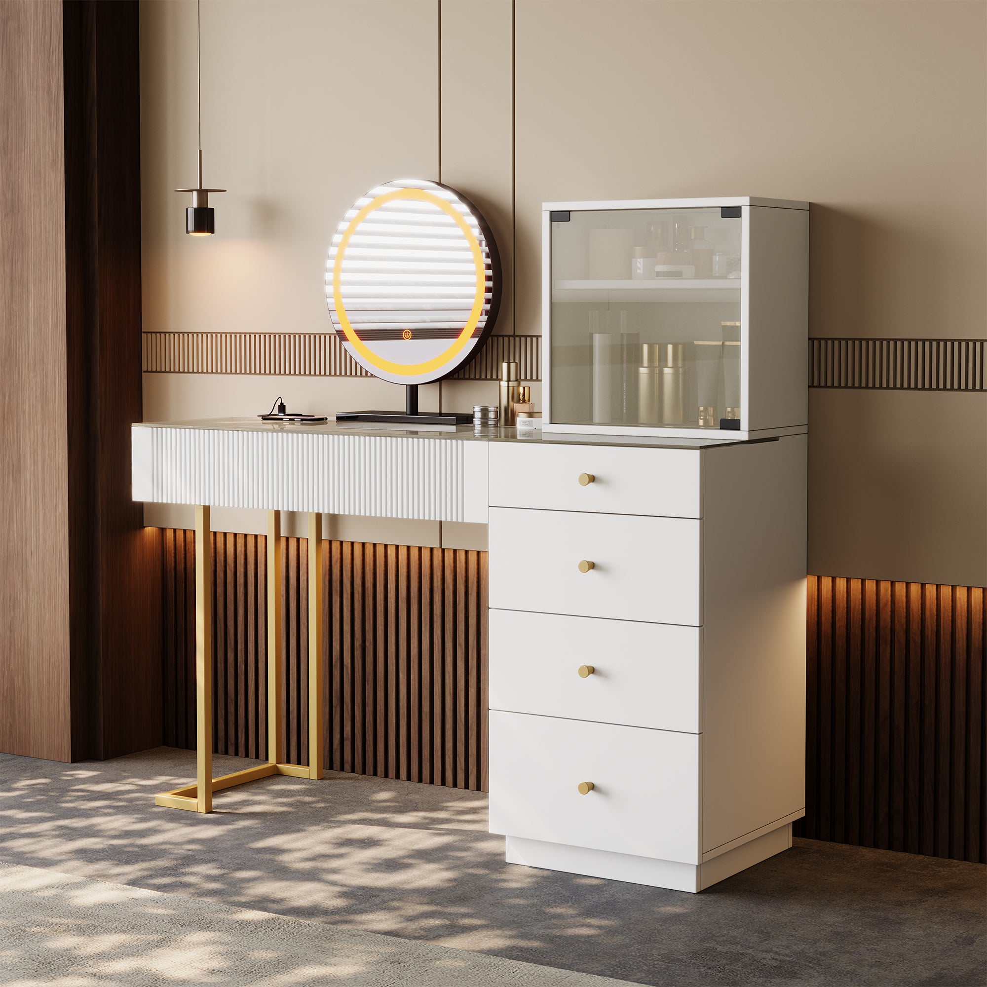 Dressing Table Set with LED Mirror and Glass Top, White