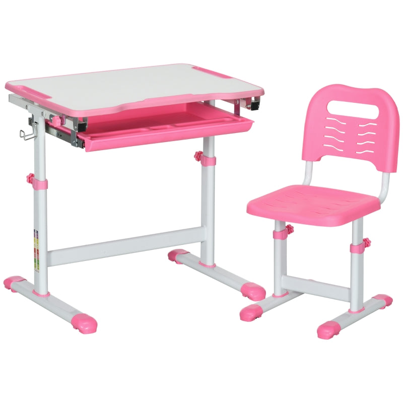 Kids Desk and Chair Set, Student Adjustable Writing Desk with Storage, Pink