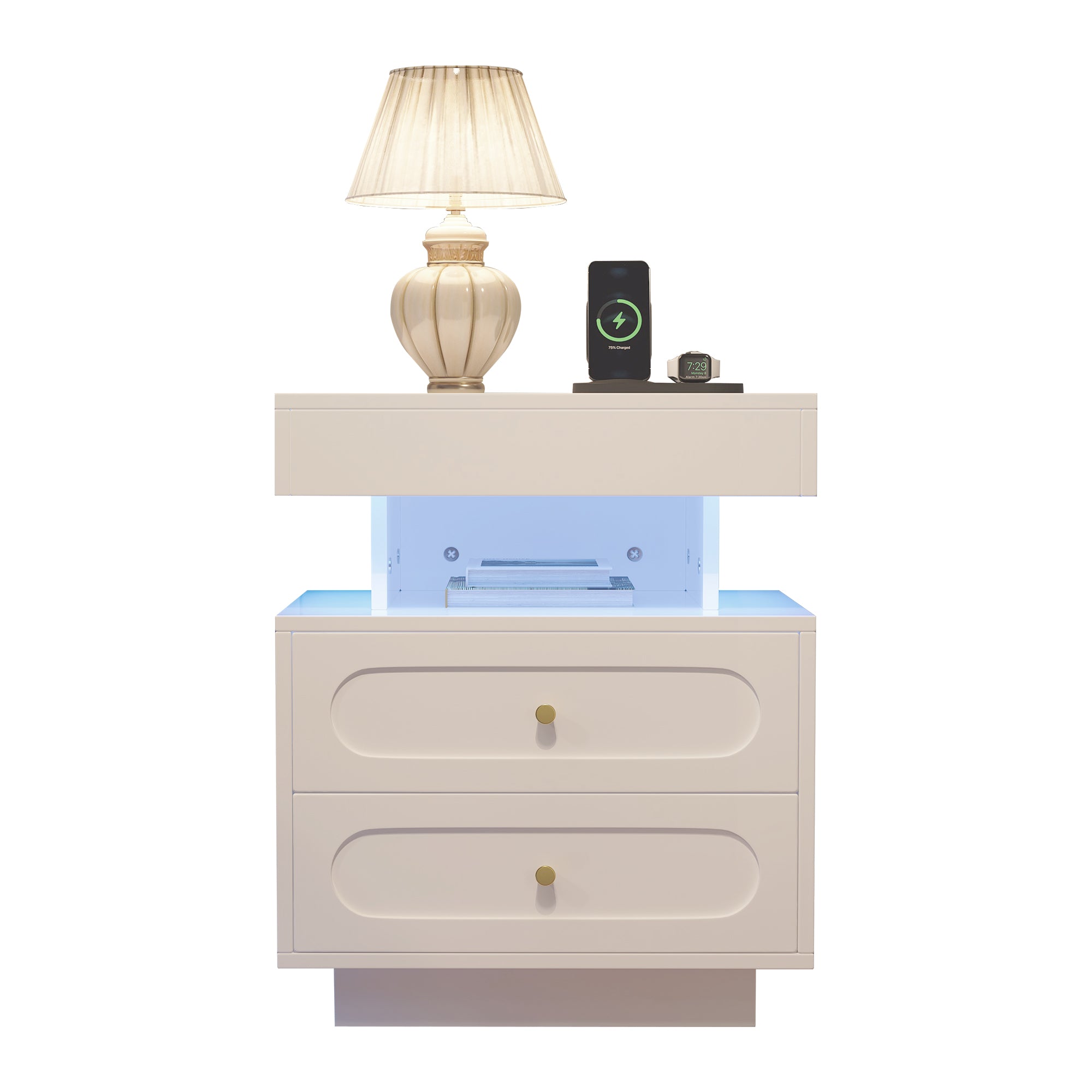 Bedside Table Nightstand with LED, 2 Drawers & Open Storage, White