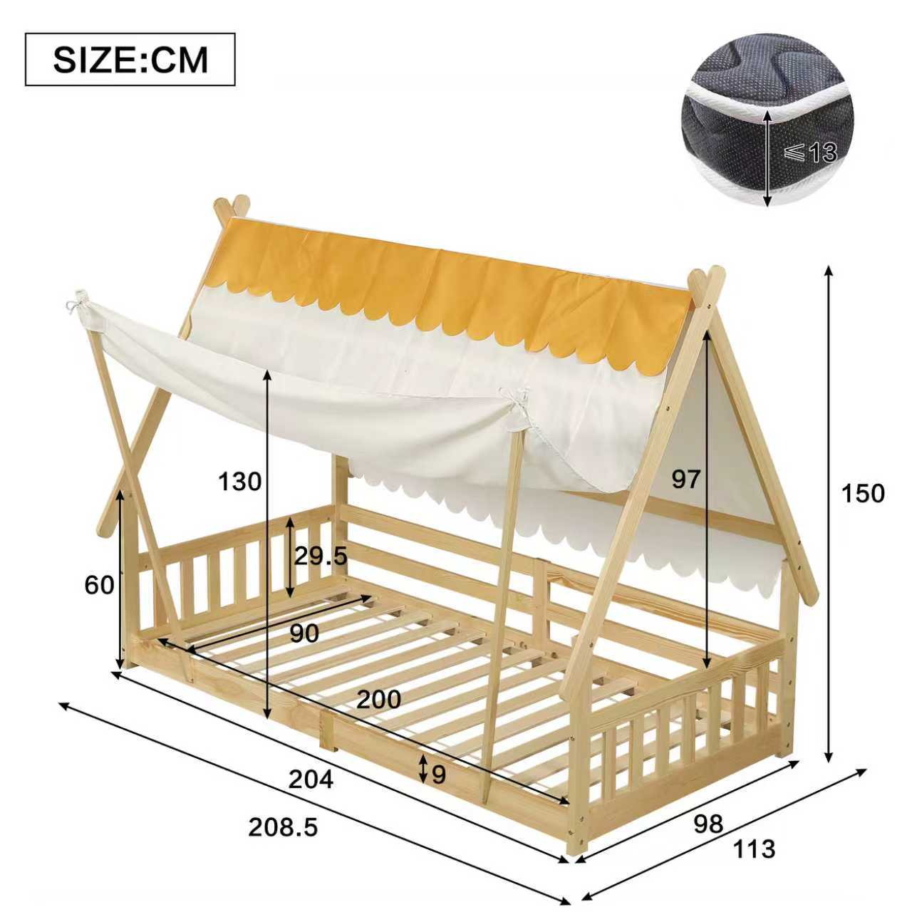 Wooden Bed, Children's Single with Removable Tent & Safety Railing, Pine + Plywood, Natural