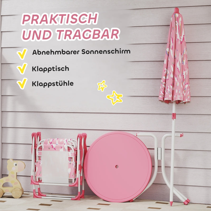 Children's Seating Set 4-Piece Table 2 Folding Chairs Removable Parasol Pink
