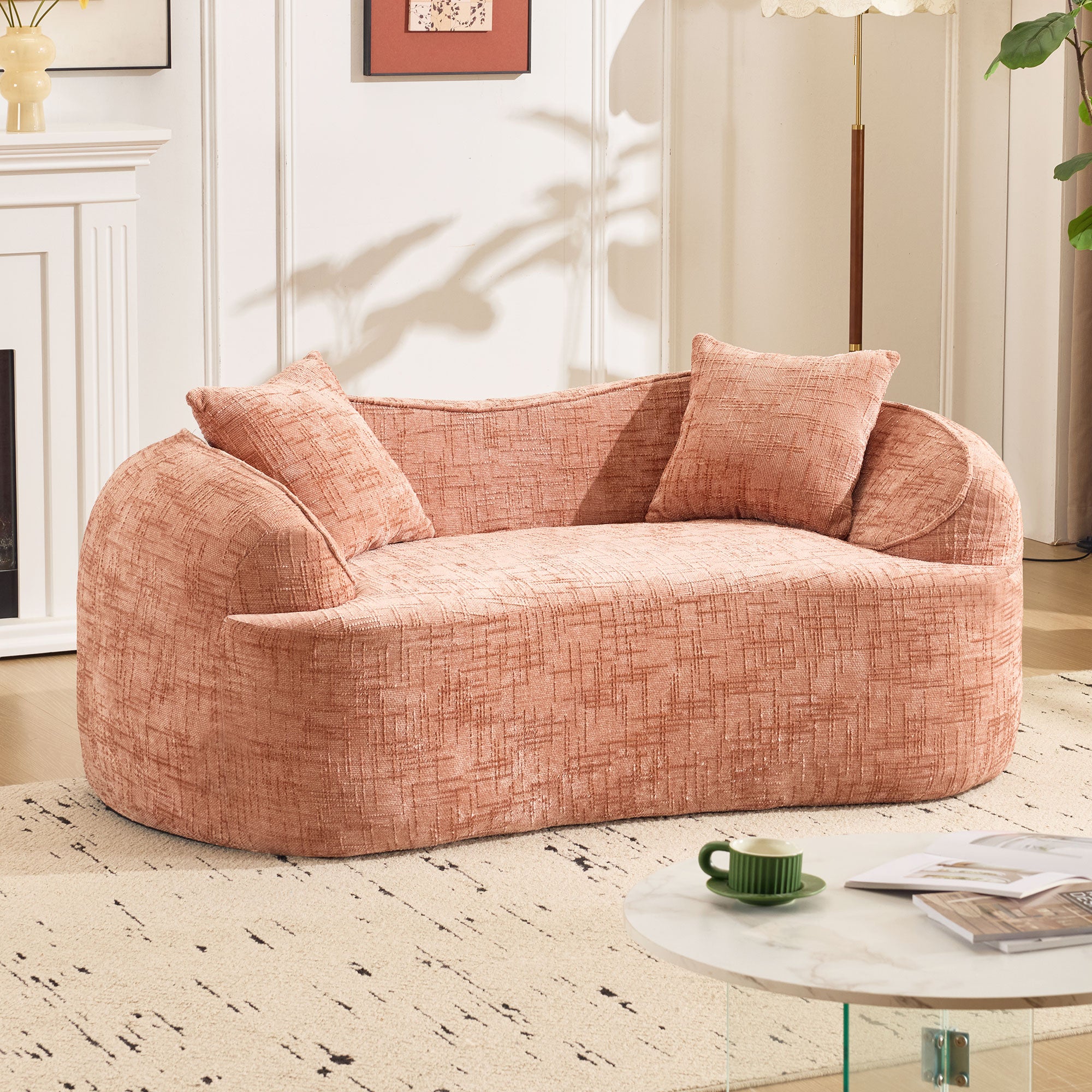 Sofa, curved two-seater with armrests and 2 cushions, cream linen