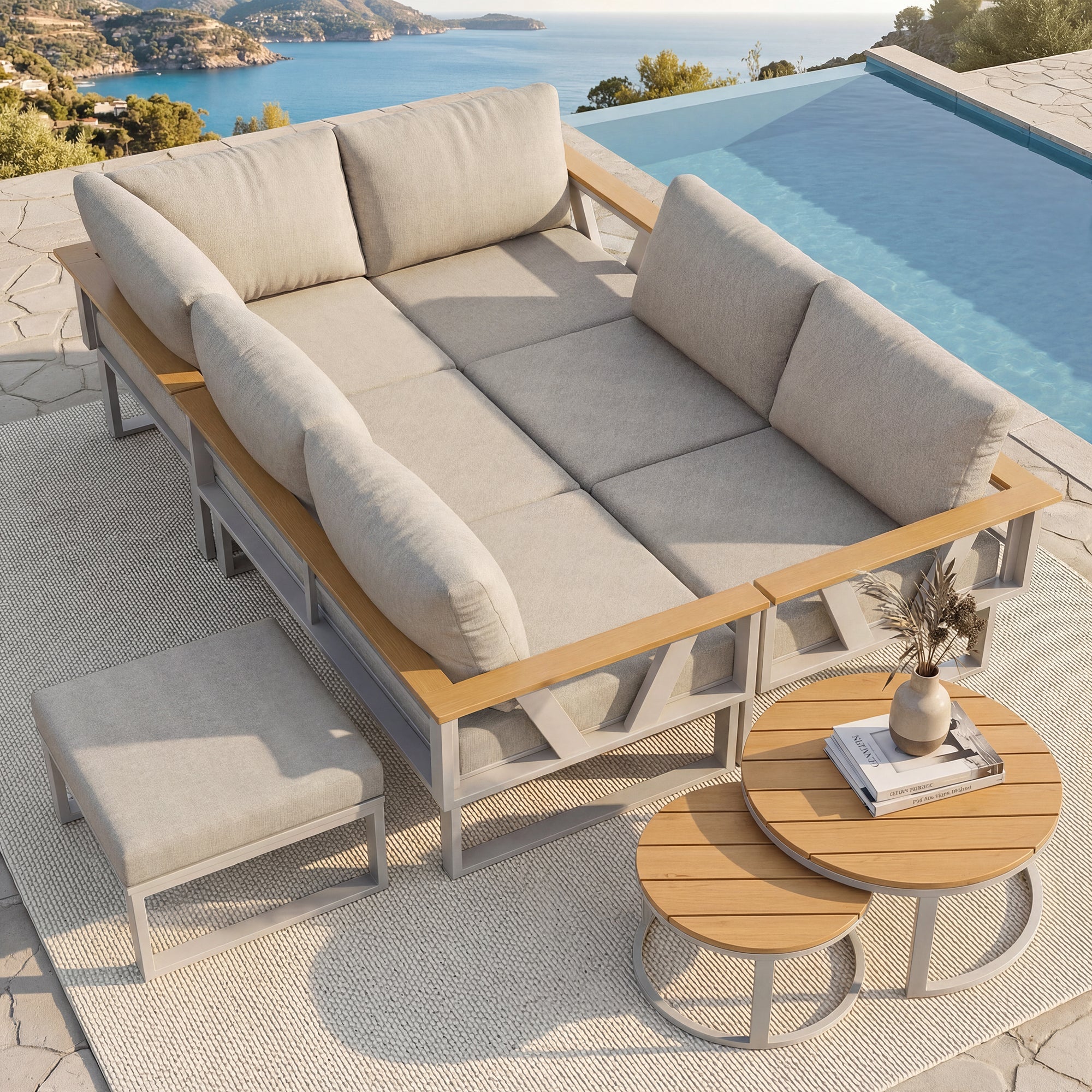 Modular Outdoor Seating Set with 9cm Cushions and 2 Wooden Tables, Grey and Beige
