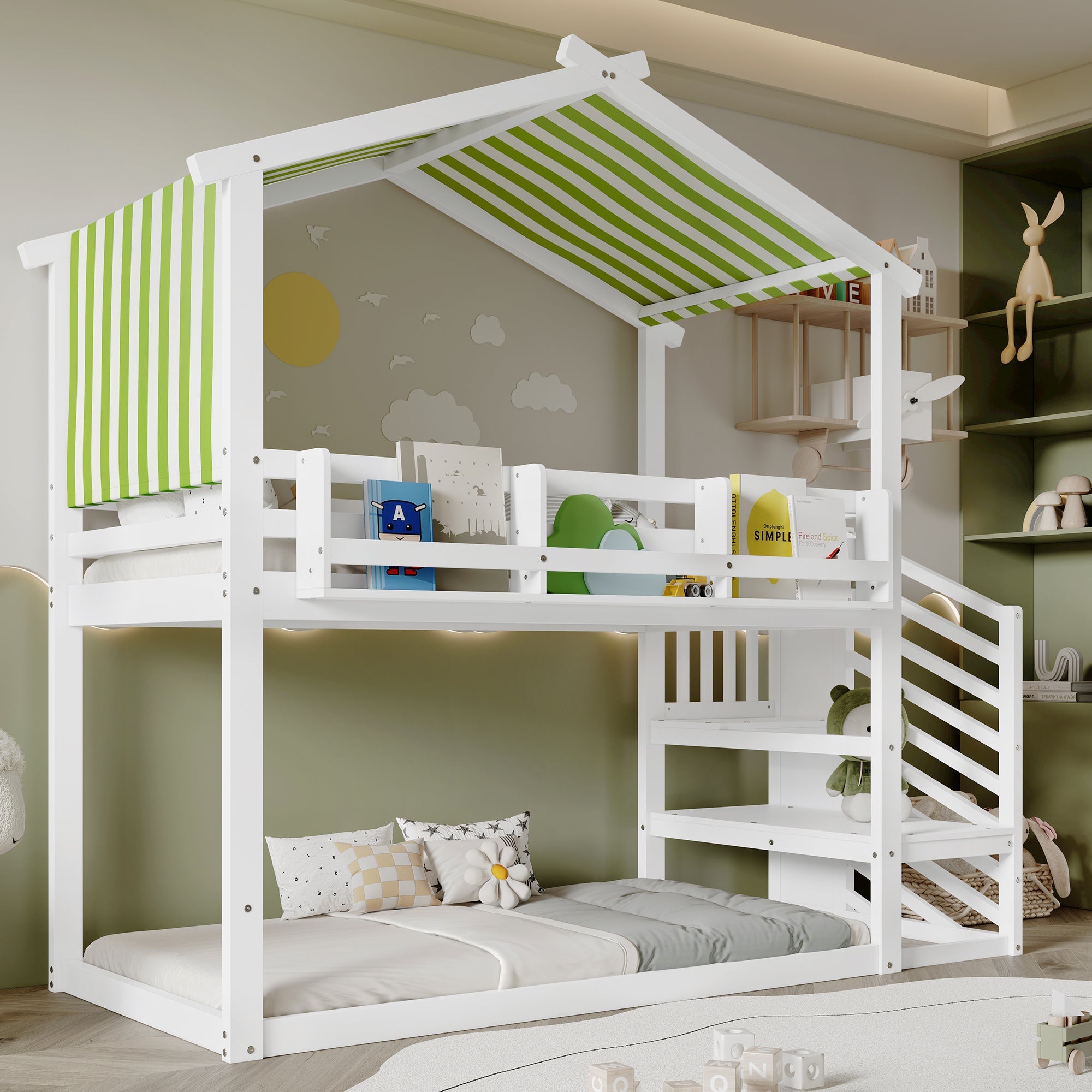 Bunk Bed with Decorative Canopy, Corner Staircase & Picture Bookshelf, 3ft 90x190cm, MDF Pinewood Plywood, White + Green