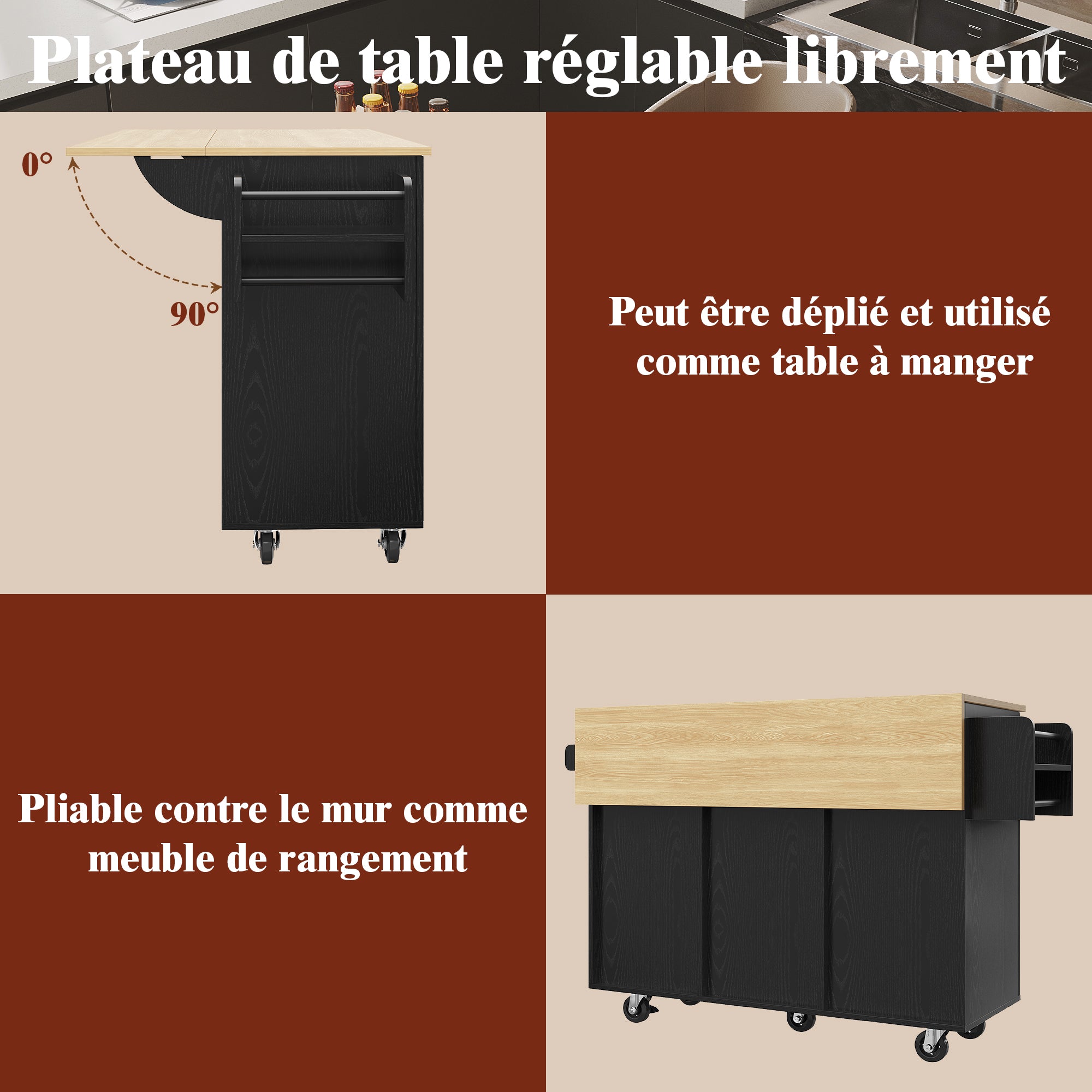 Mobile Kitchen Island Dining Table Extendable Storage - Wood Grain Black