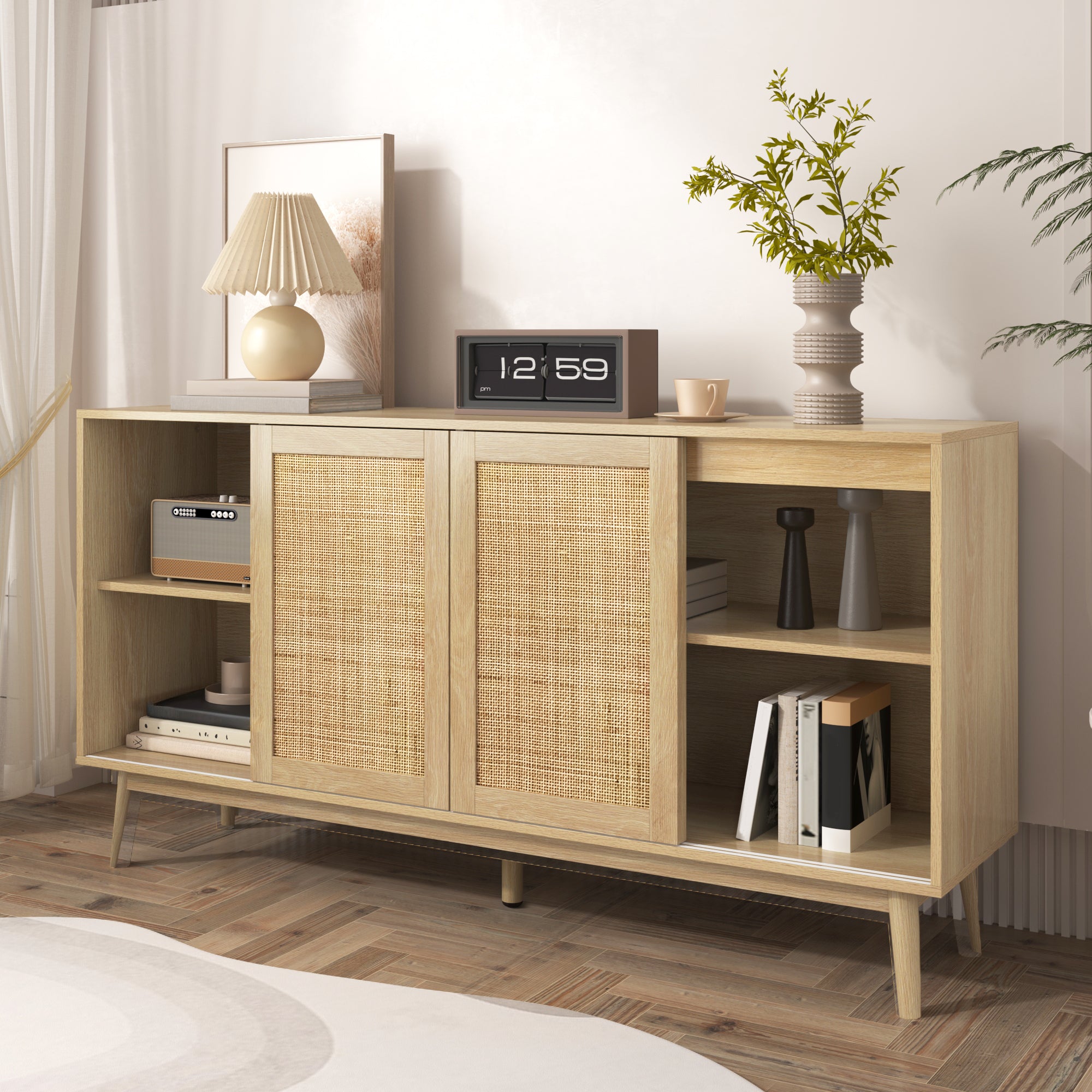Sideboard, 3 Sliding Real Rattan Doors & 2 Drawers, Wood Color