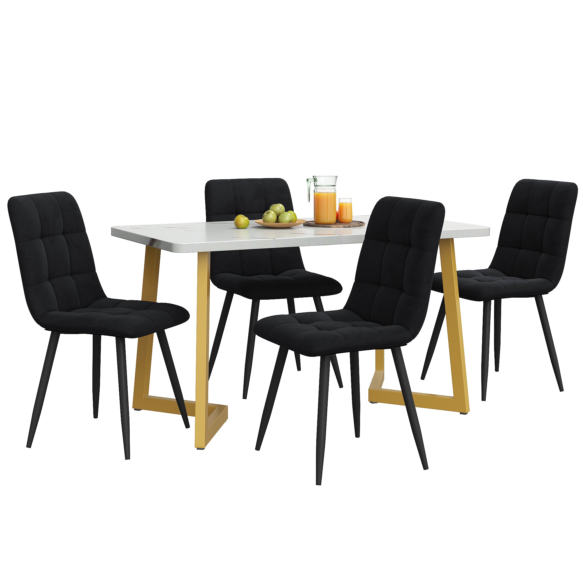 Dining Table Set, 117cm Rectangular Modern Kitchen Table with 4 Black Velvet Chairs, Golden Legs