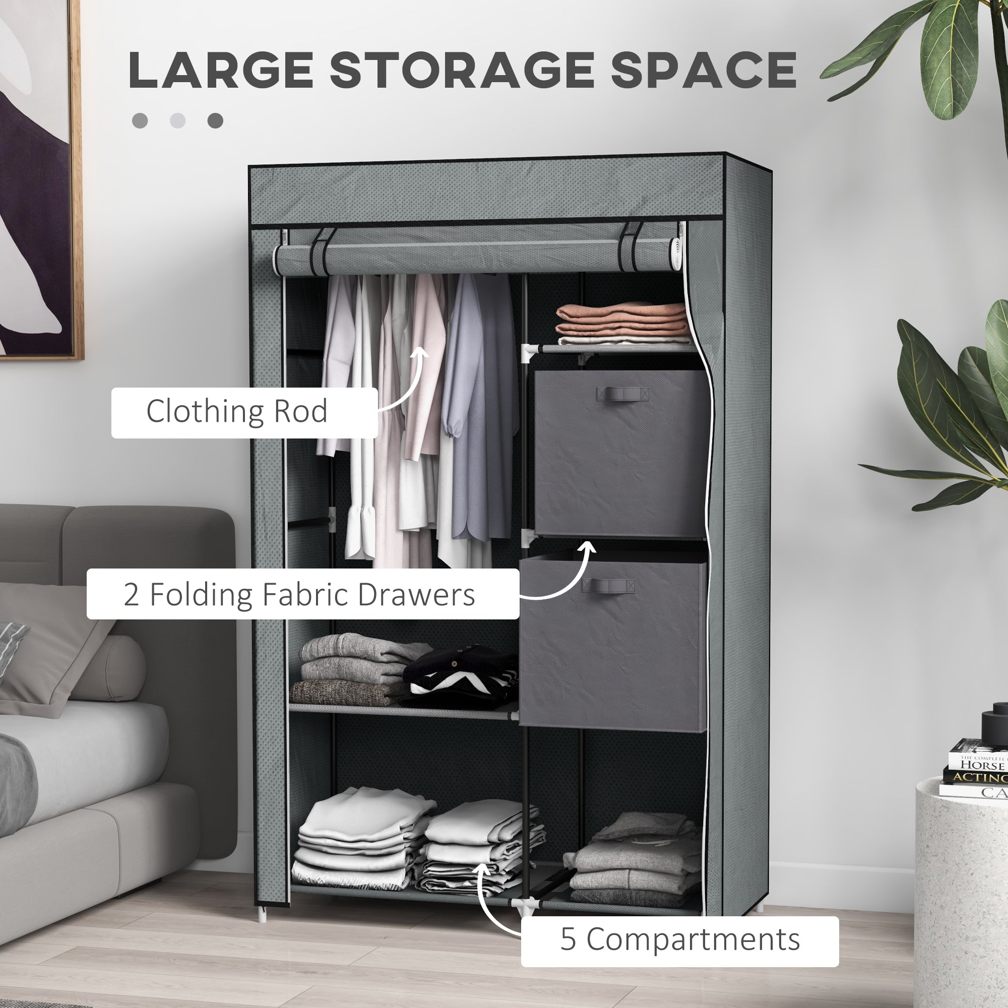 Fabric Wardrobe, Portable Clothes Storage with 5 Compartments and Hanging Rail, Dark Grey