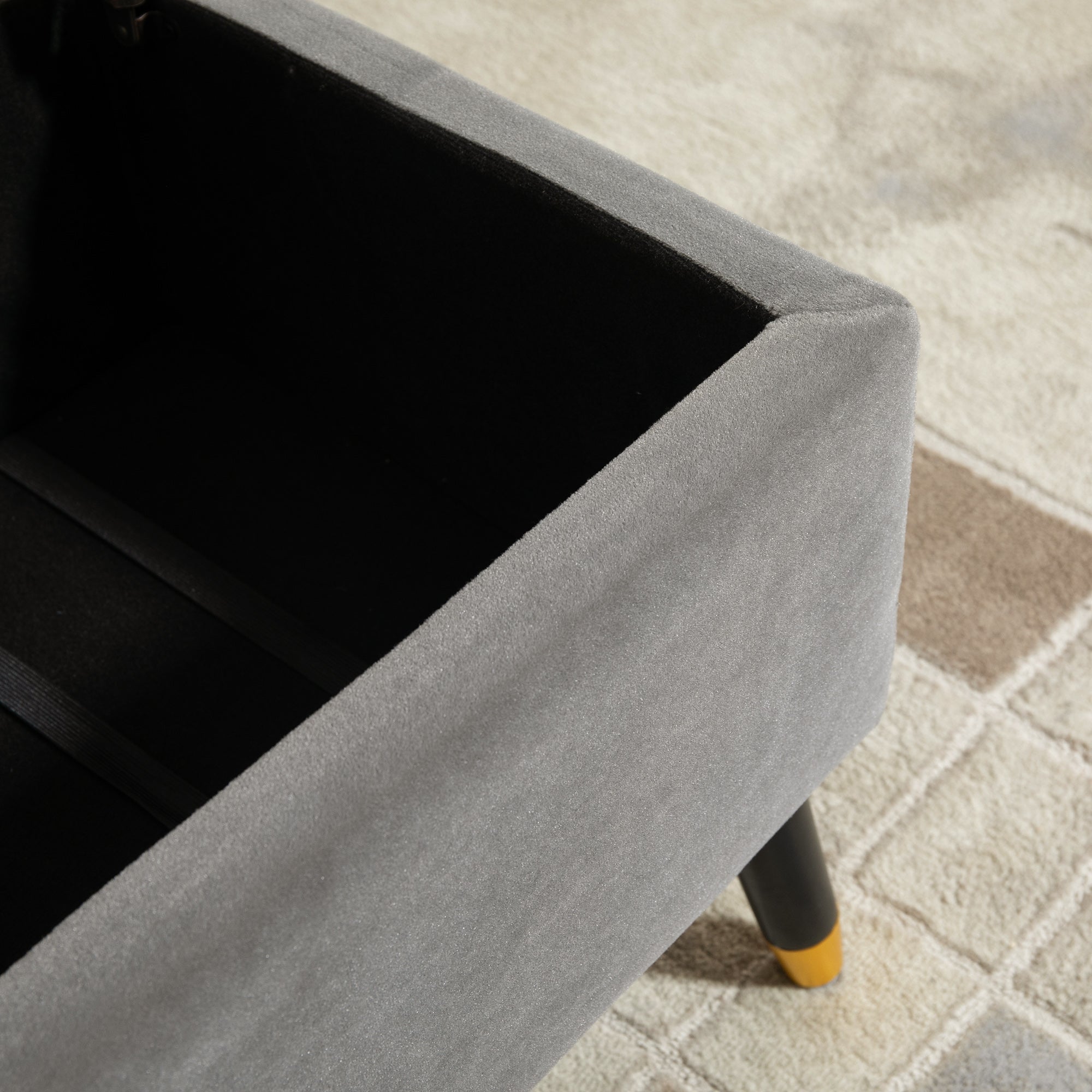 Upholstered bench with storage space, metal and rubber wood, charcoal grey