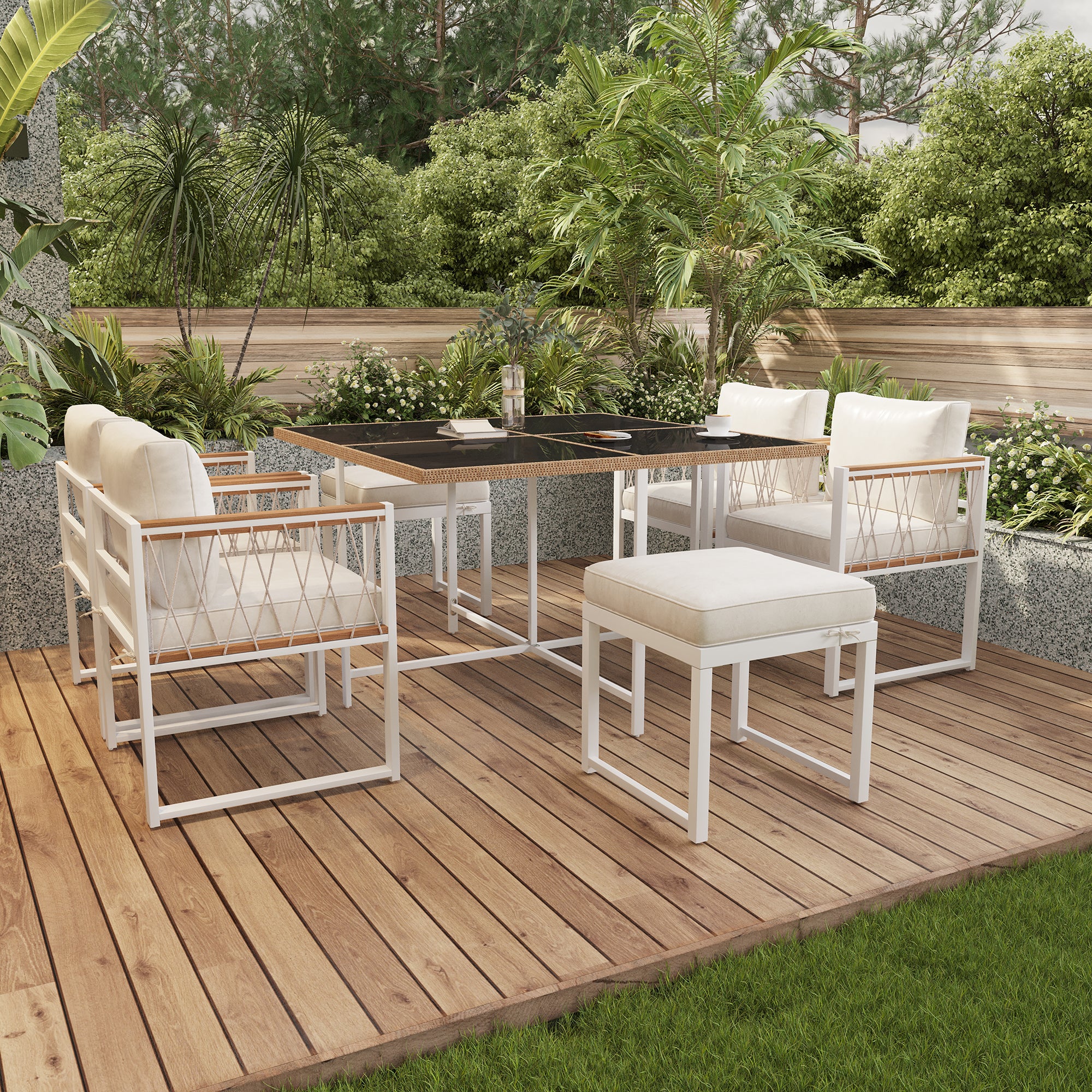 7-Piece Outdoor Dining Set, Tempered Glass PE Rattan, Acacia Wood