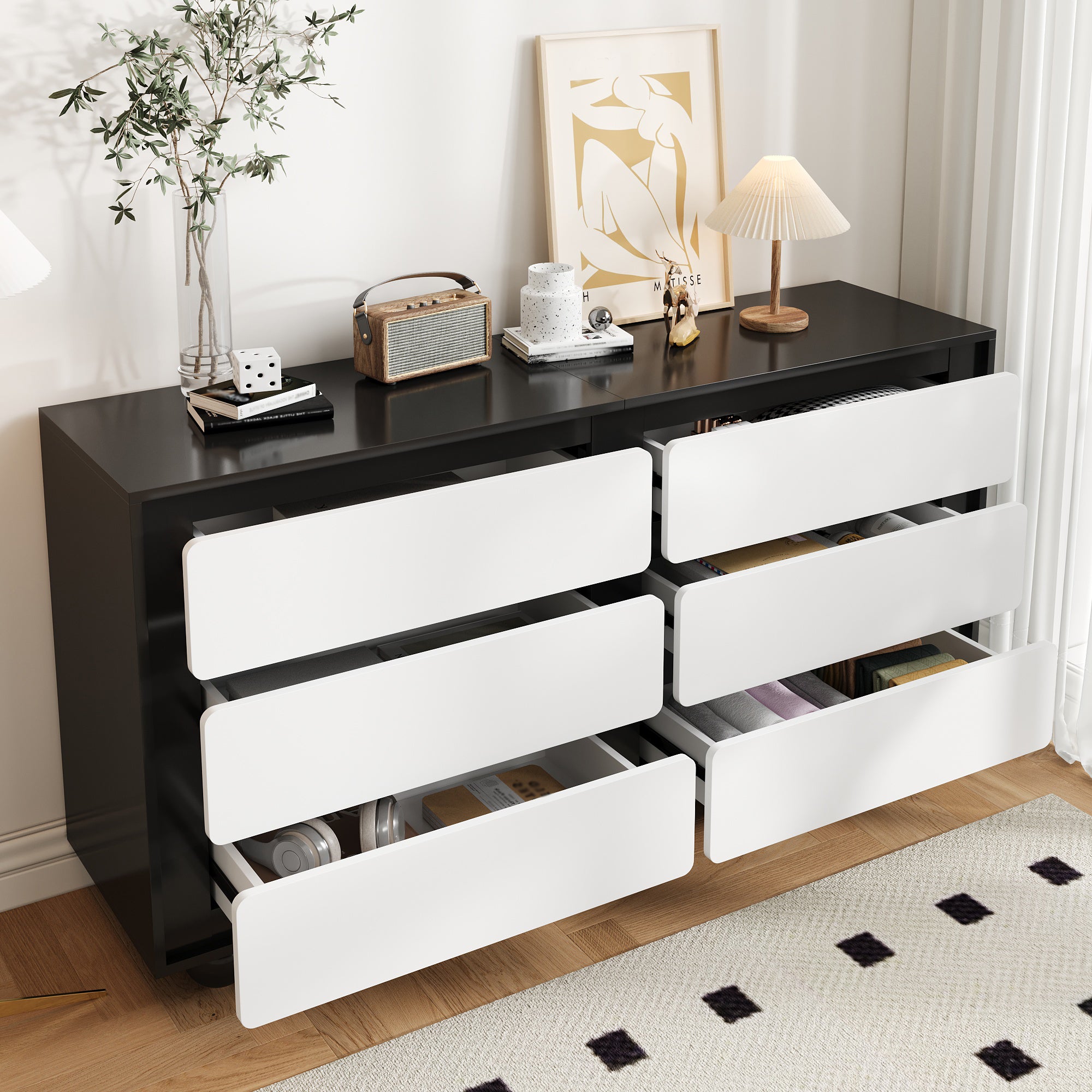 Sideboard, Six-Drawer Chest & Dressing Table, Modern, Black & White
