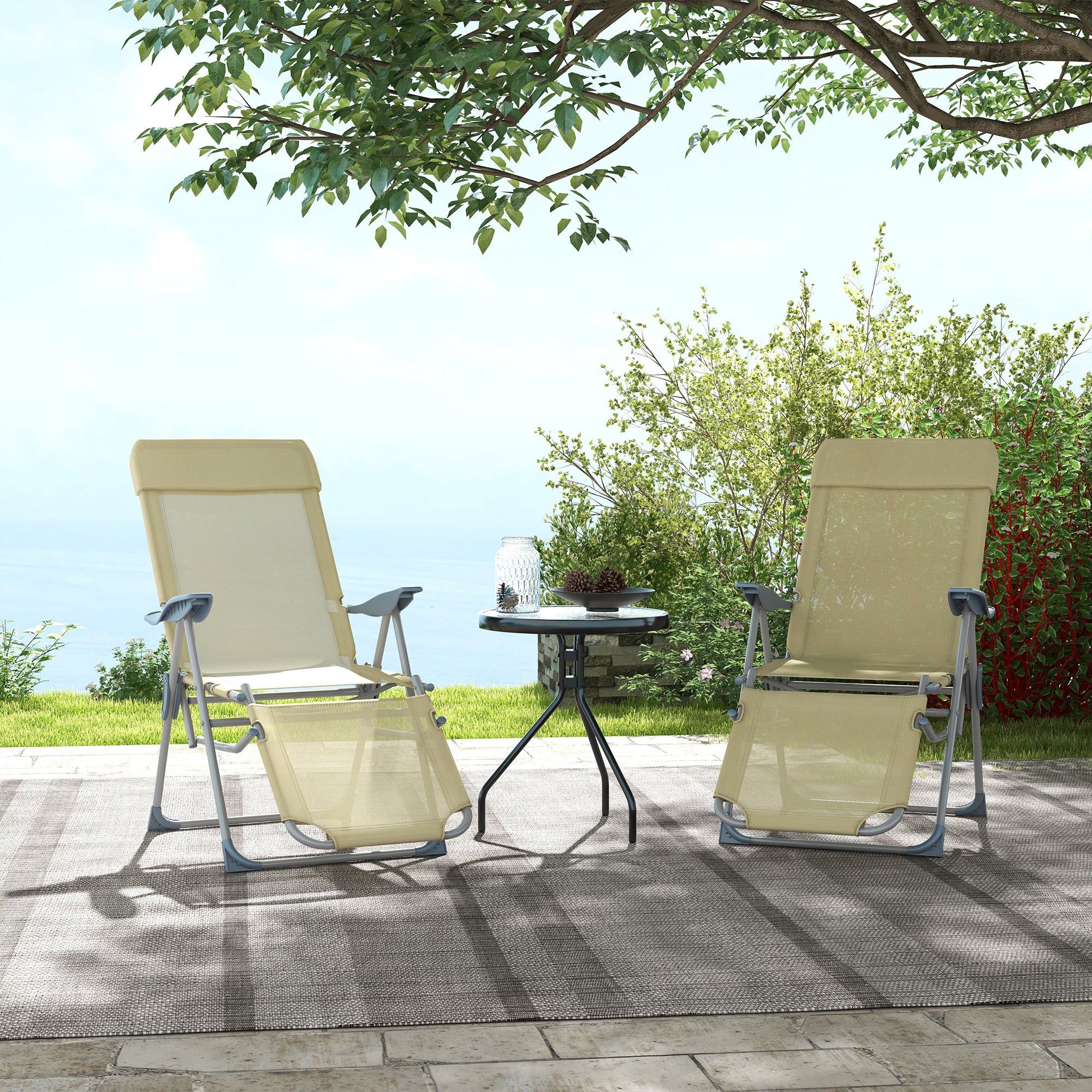 Sun Loungers, Set of Two, Five-Position Adjustable Backs - Beige