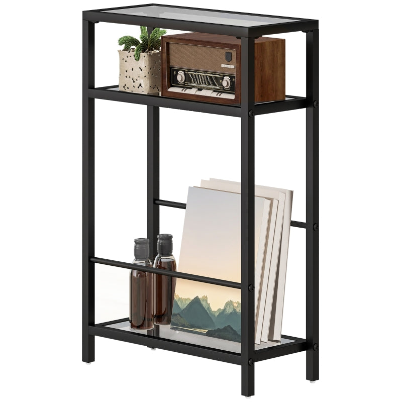 Side Table, 3 Levels Tempered Glass with Steel Frame, Black