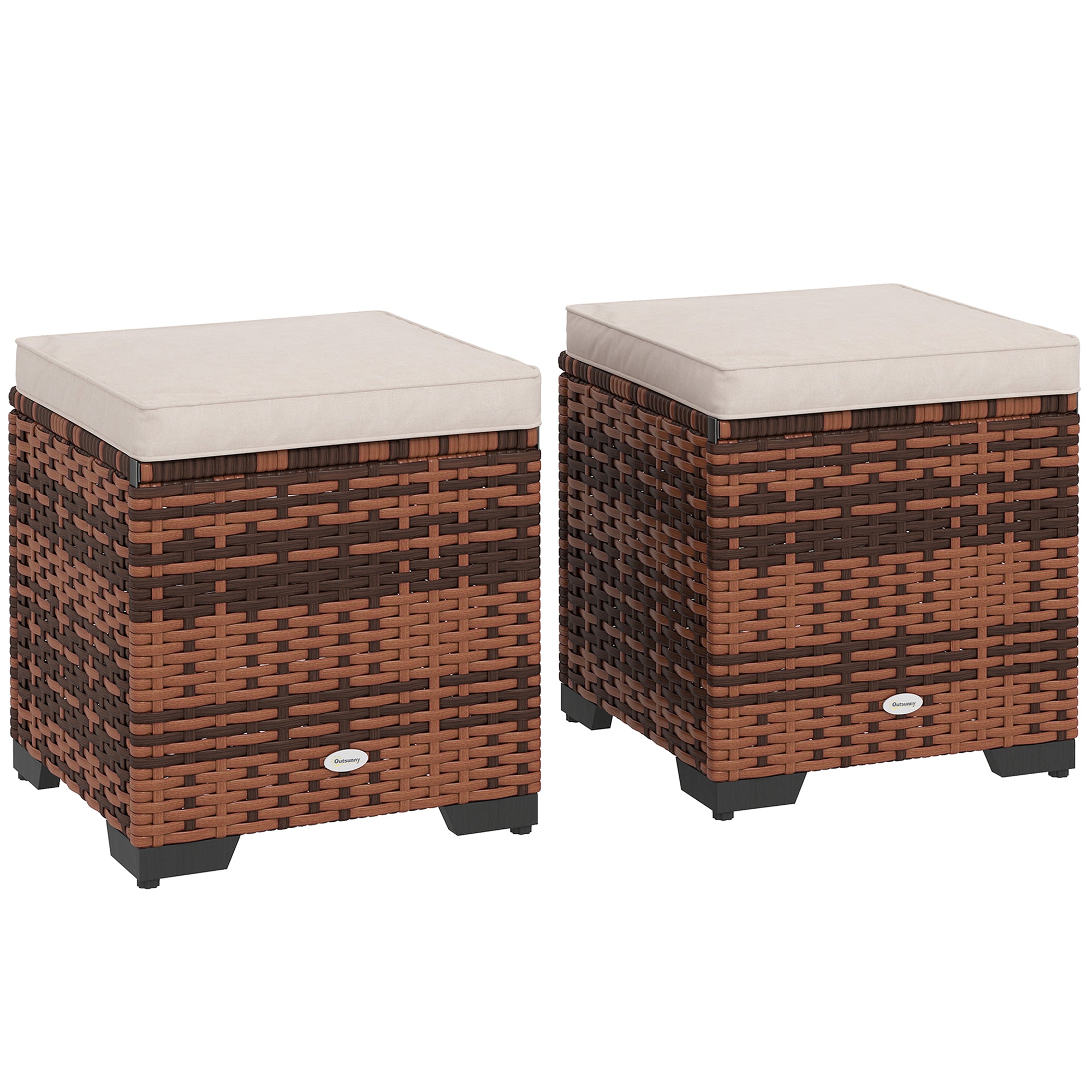 Set of 2 Rattan Storage Ottoman, Footstool w/ Removable Cushions, Beige