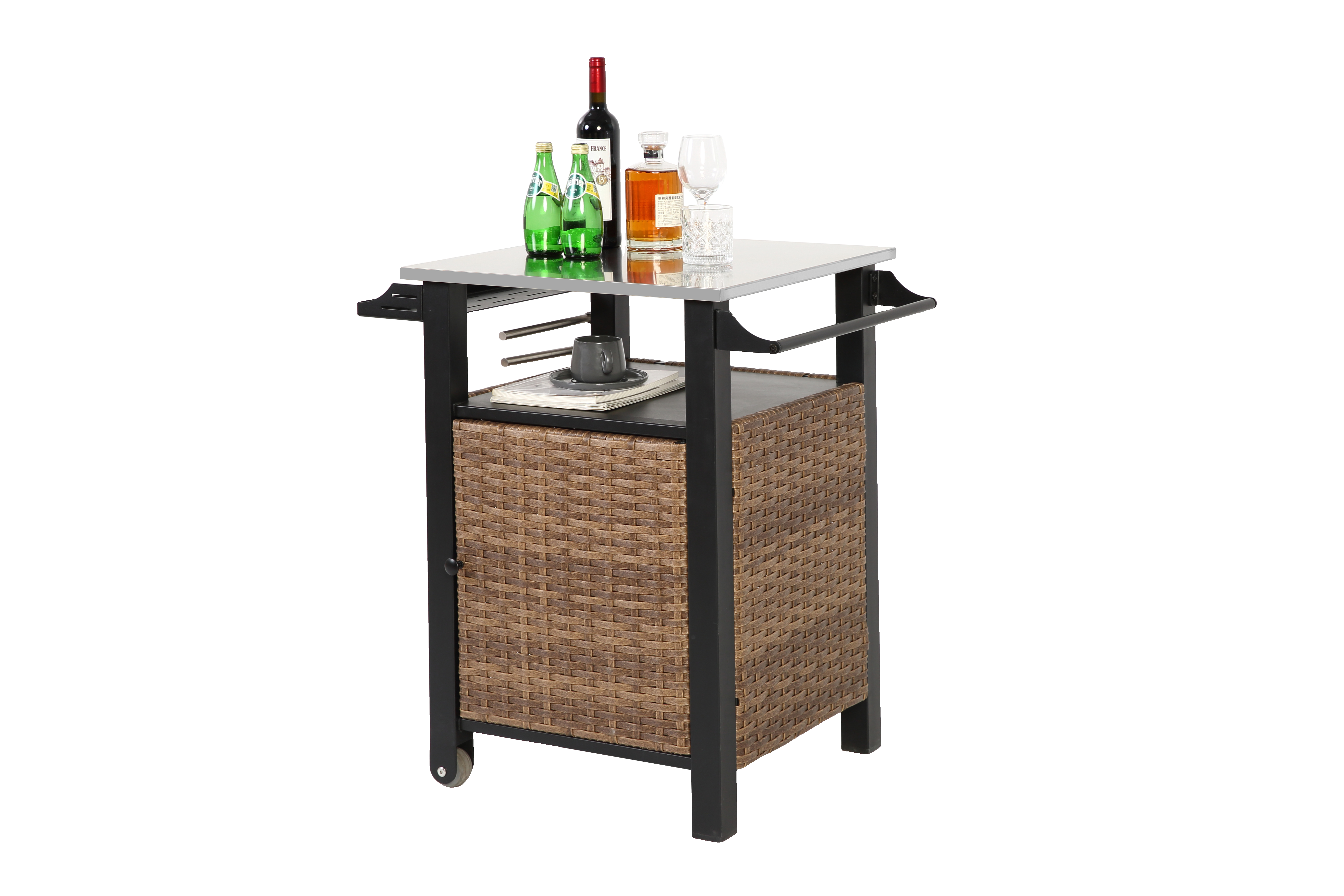 Bar Cart, Outdoor Kitchen Wicker Island Rolling with Stainless Steel Top, Brown