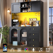 Sideboard Buffet Cabinet with 4 Doors, LED Light and Drink Holders, Black and White