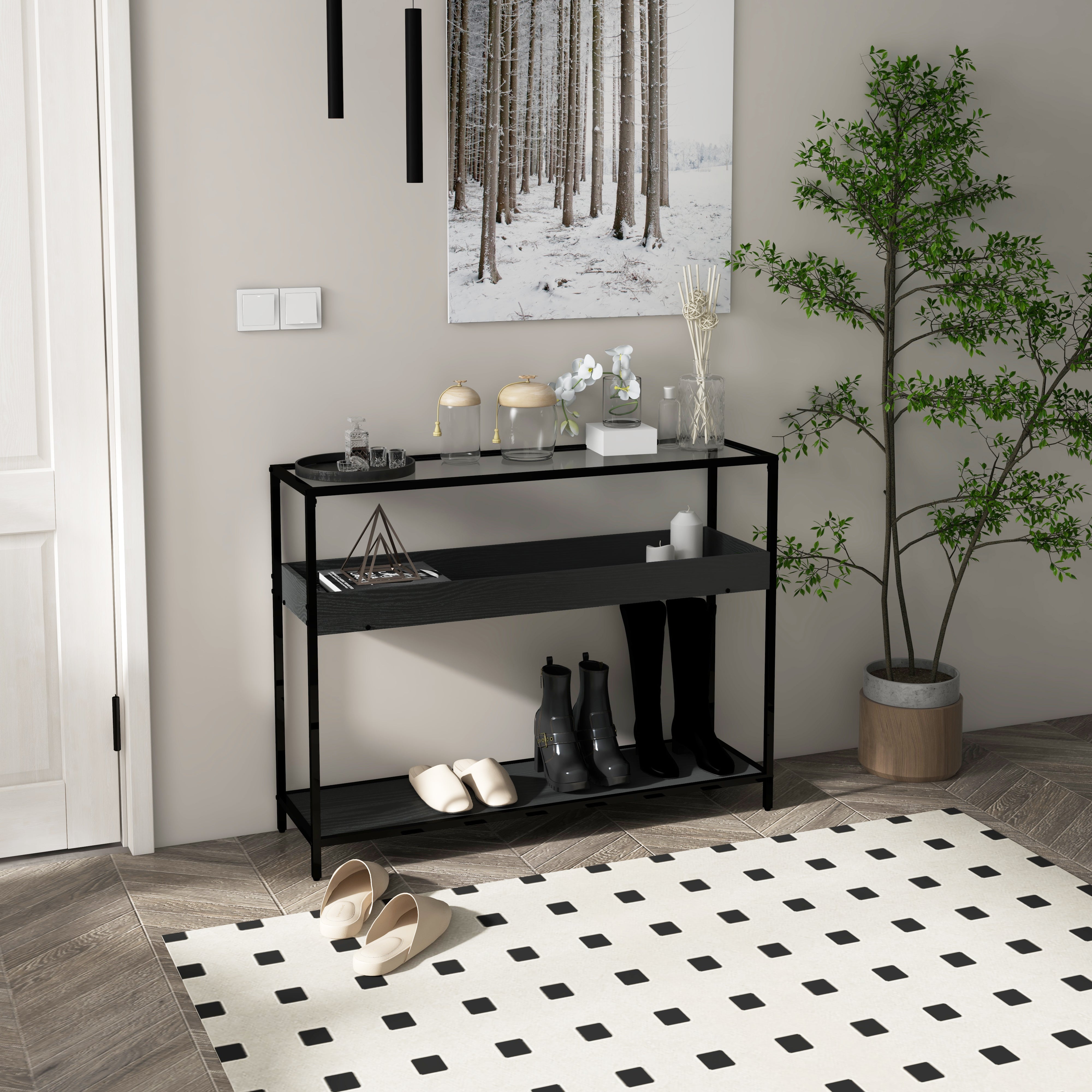 Console Table, 2 Shelves Glass Top, Steel Black