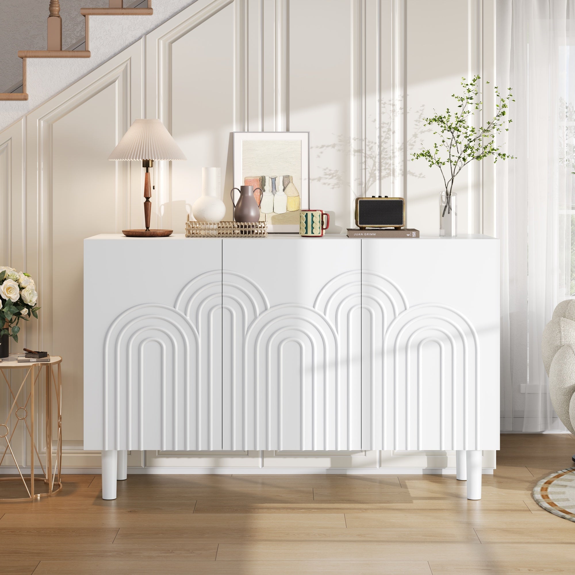 Sideboard Cabinet, 3 Doors Large Storage Adjustable Divider, White MDF