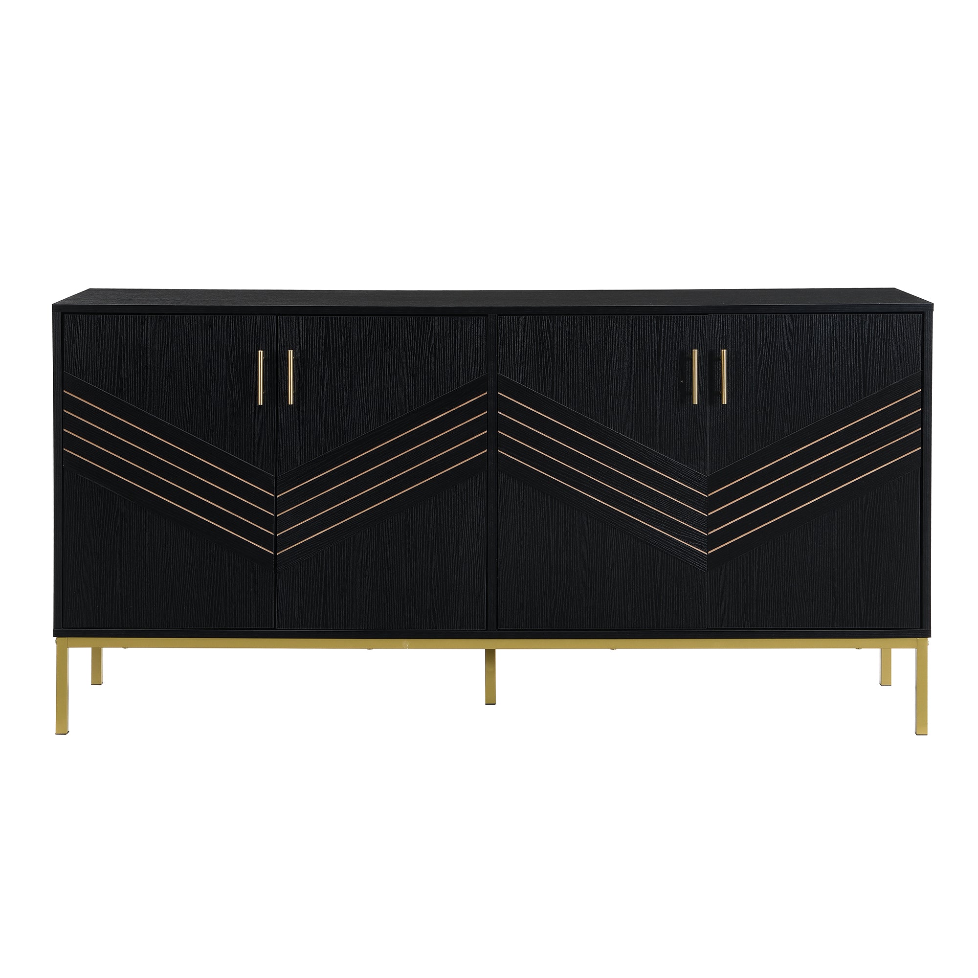 Sideboard, 4-Door Modern Large Capacity with Adjustable Shelves, Black and Gold MDF