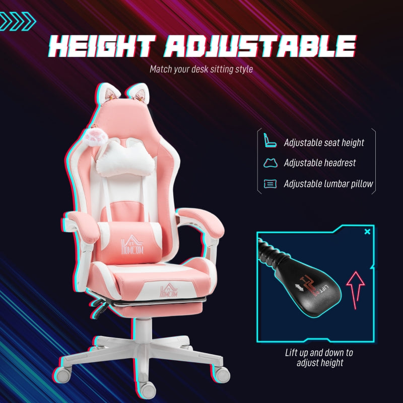 Cat Ear and Paw Office Chair with Footrest - Pink/White