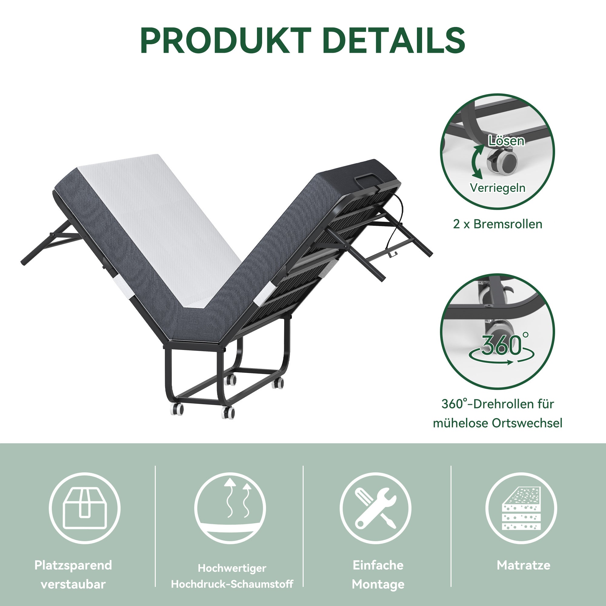 Folding Twin Bed, 190x96cm 9.5cm Memory Foam Mattress, Metal Frame