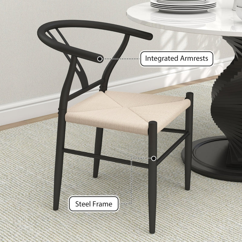 Set of Two Dining Chairs with Y-Shaped Backrest, Black/Beige Hemp