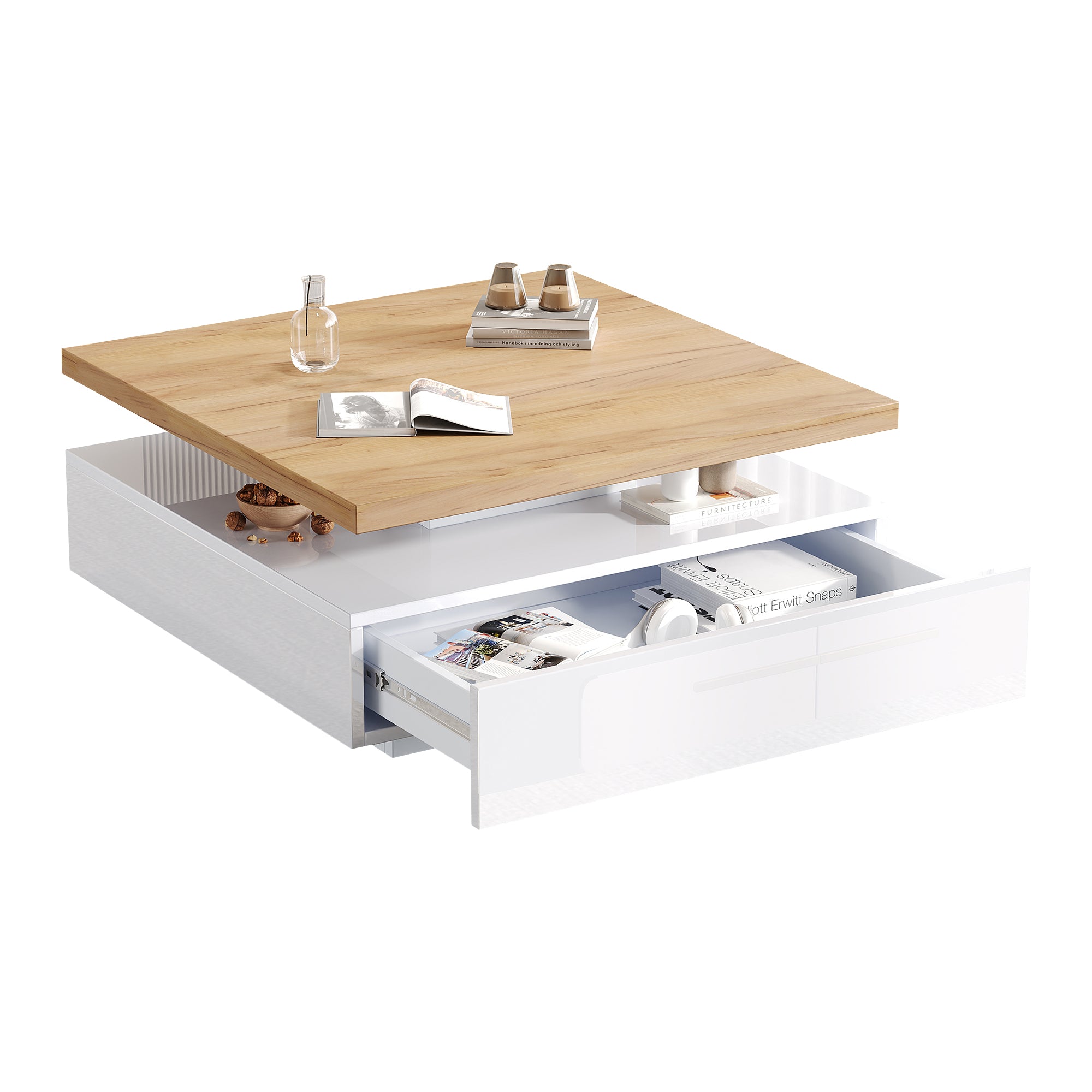 Multifunctional Swivel Coffee Table with Storage, White and Walnut