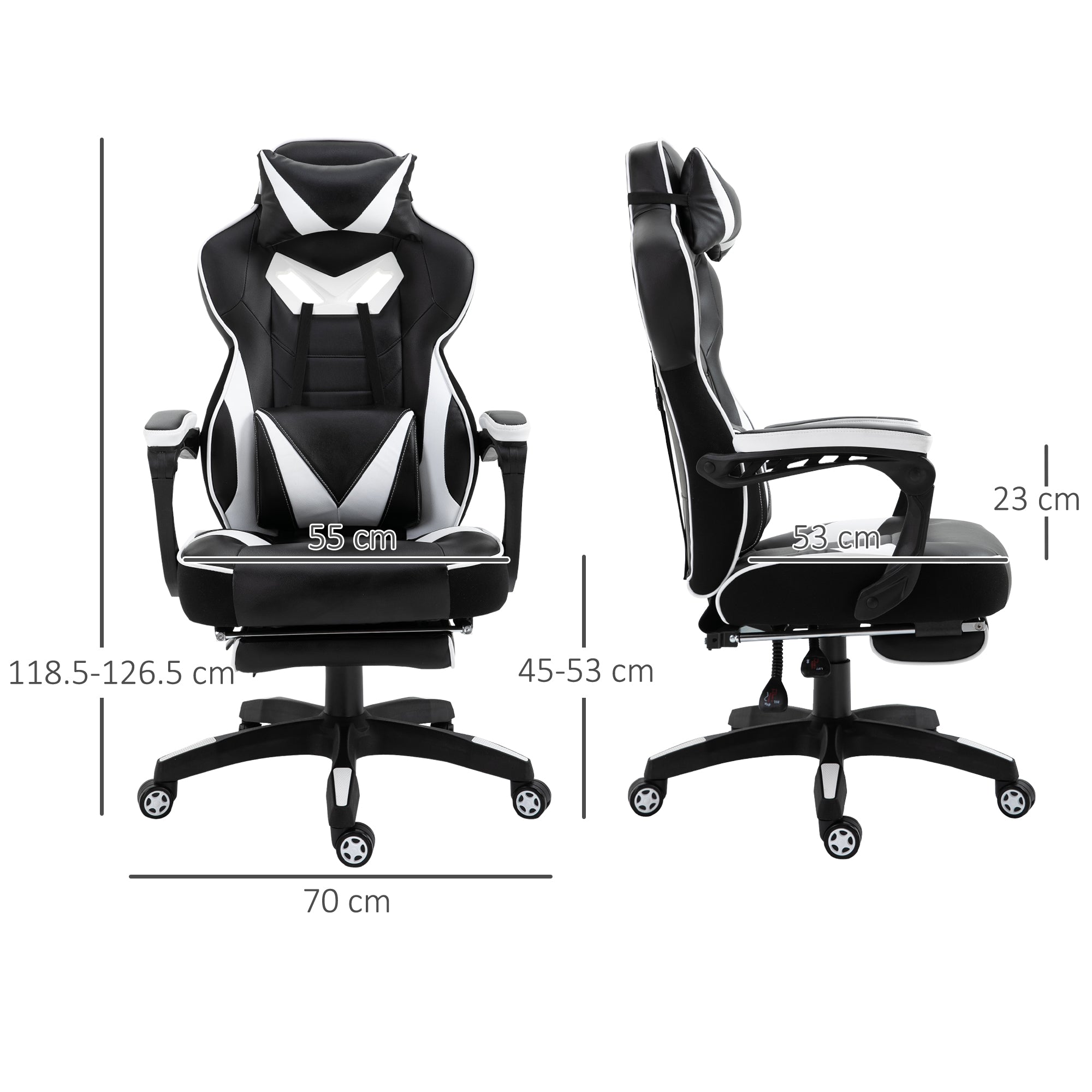 Computer Gaming Chair with Lumbar Support, Footrest, and Headrest, White PU Leather