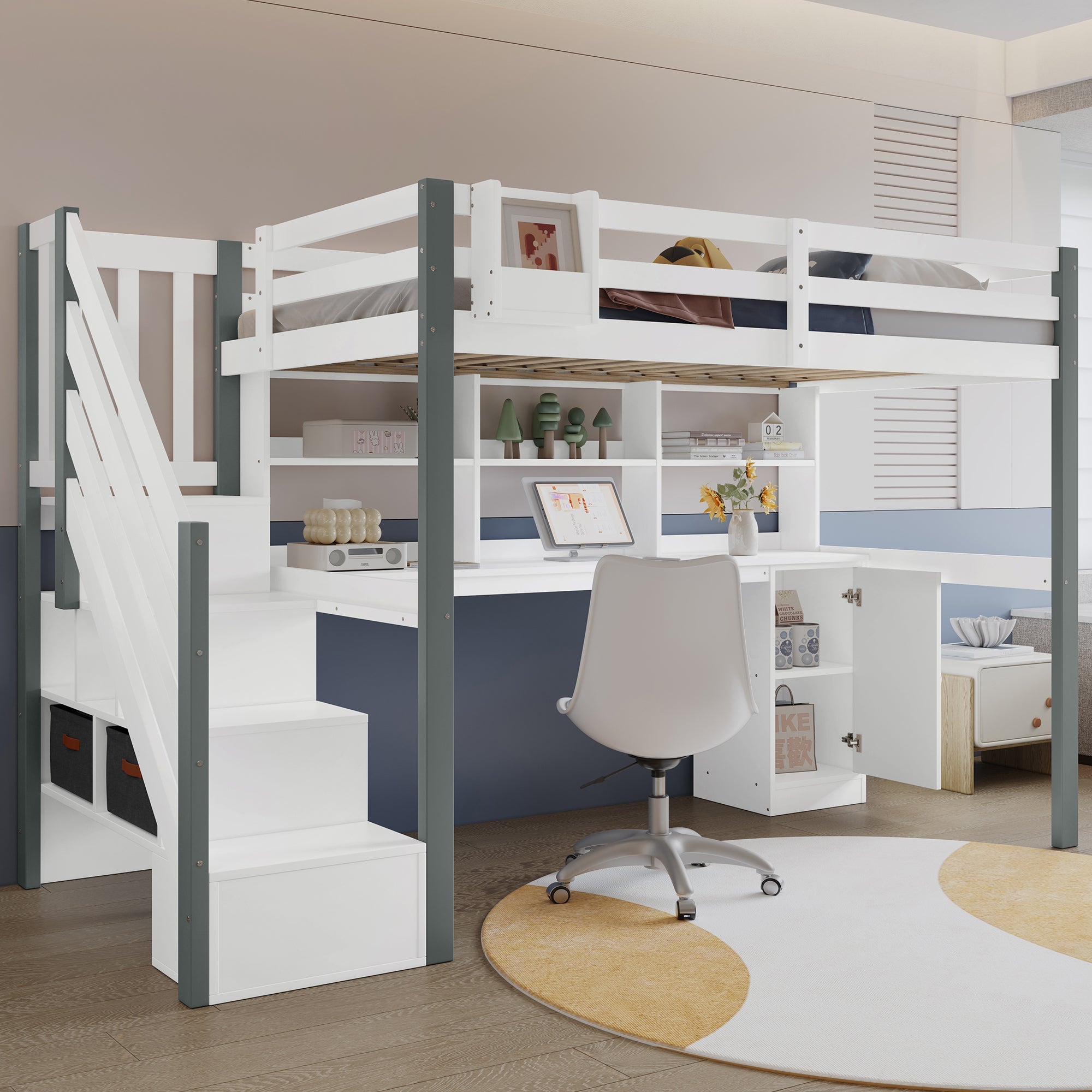 Mid-height bed, fabric storage box, side ladder, open shelf, desk and lockers, Pine+MDF, White+Grey