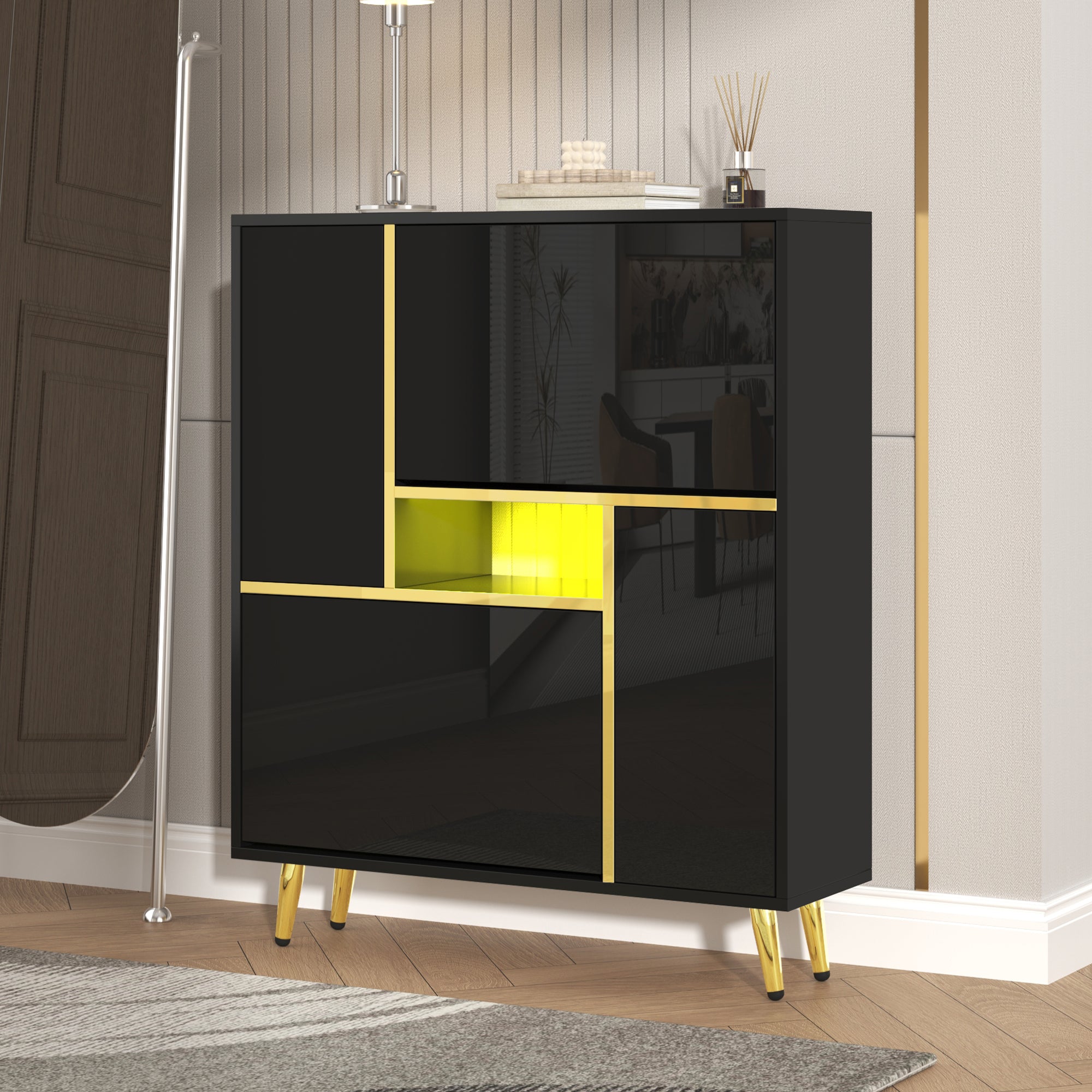 Modern shoe cabinet, high-gloss front, 16-color LED light, black