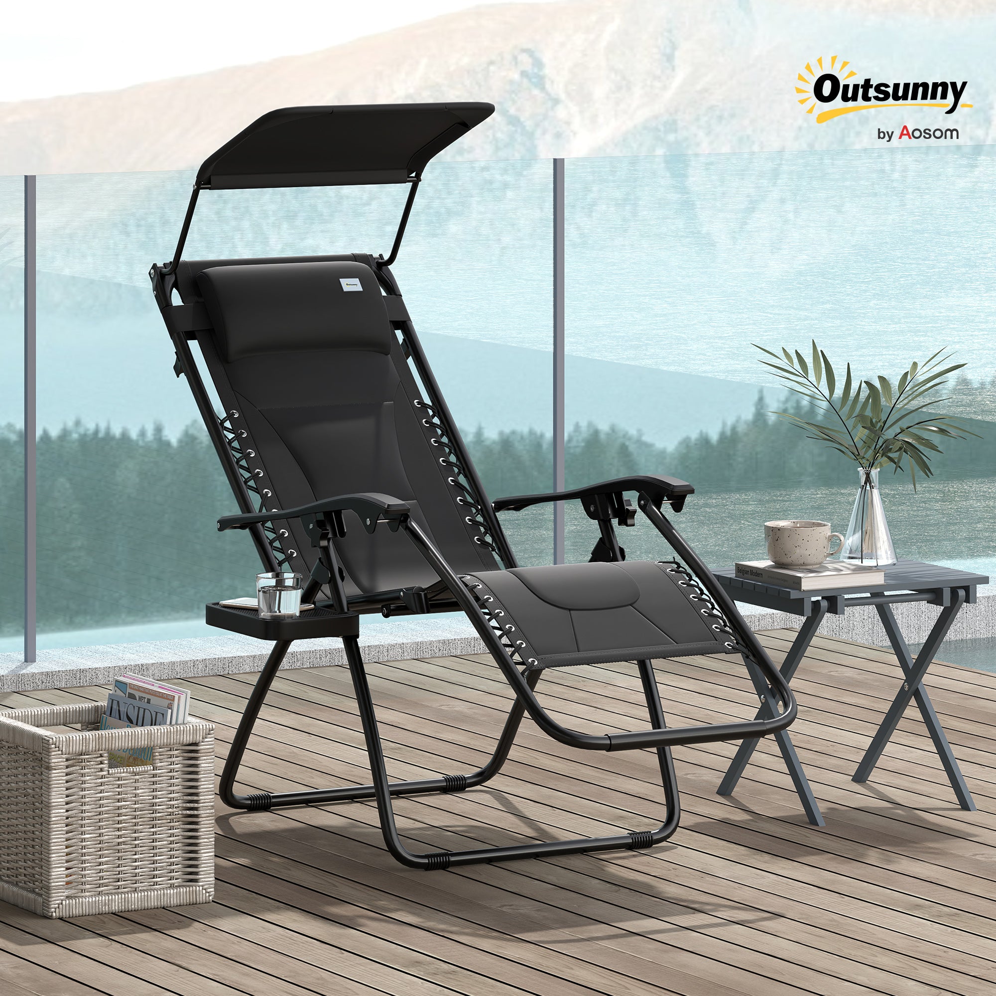 Zero Gravity Lounger Chair, Folding Reclining Patio Chair with Shade Cover and Cup Holder, Black